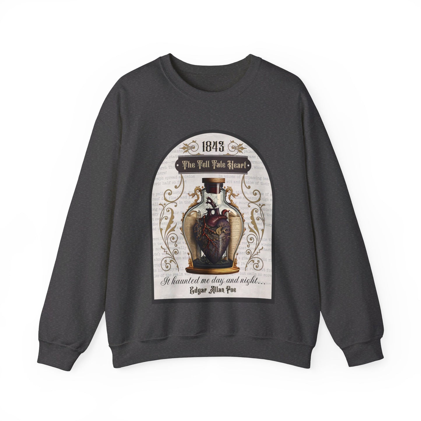 Edgar Allan Poe, The Tell Tale Heart Sweatshirt, Book Lover, Halloween, Haunting Gothic Gift, Light, Dark Academia, Horror Movie Sweater Sweatshirt Printify S Dark Heather