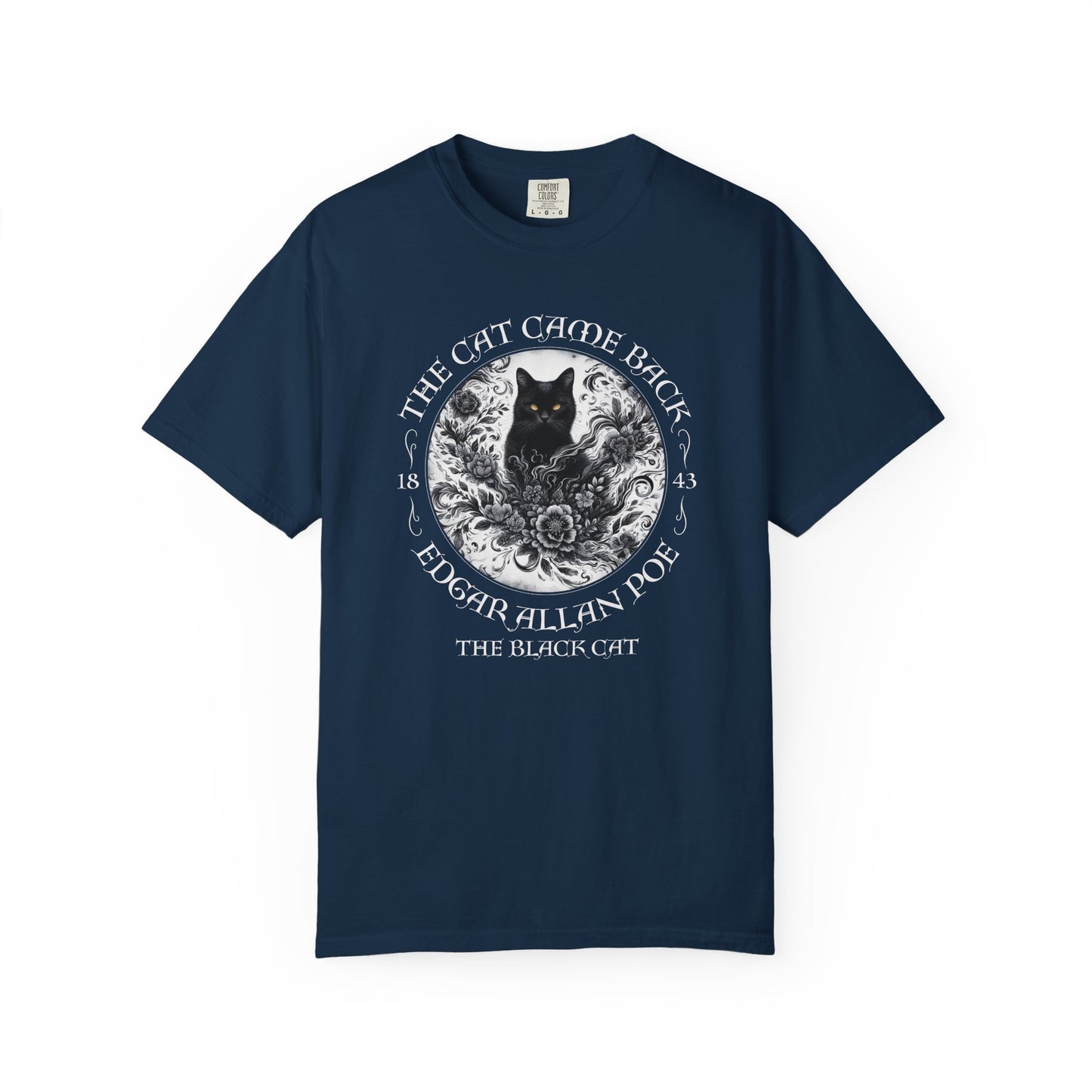 Gothic Cat TShirt Edgar Allan Poe The Black Cat Dark Academia Cottagecore Aesthetic Book Lover Gift Haunting Apparel Halloween Fall Tee T-Shirt Printify True Navy S