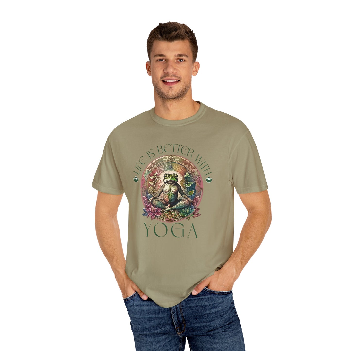 Green Yoga Frog Life Is Better With Yoga Unisex T-Shirt, Casual Wear, Highlander Fan Gift, T-Shirt Printify