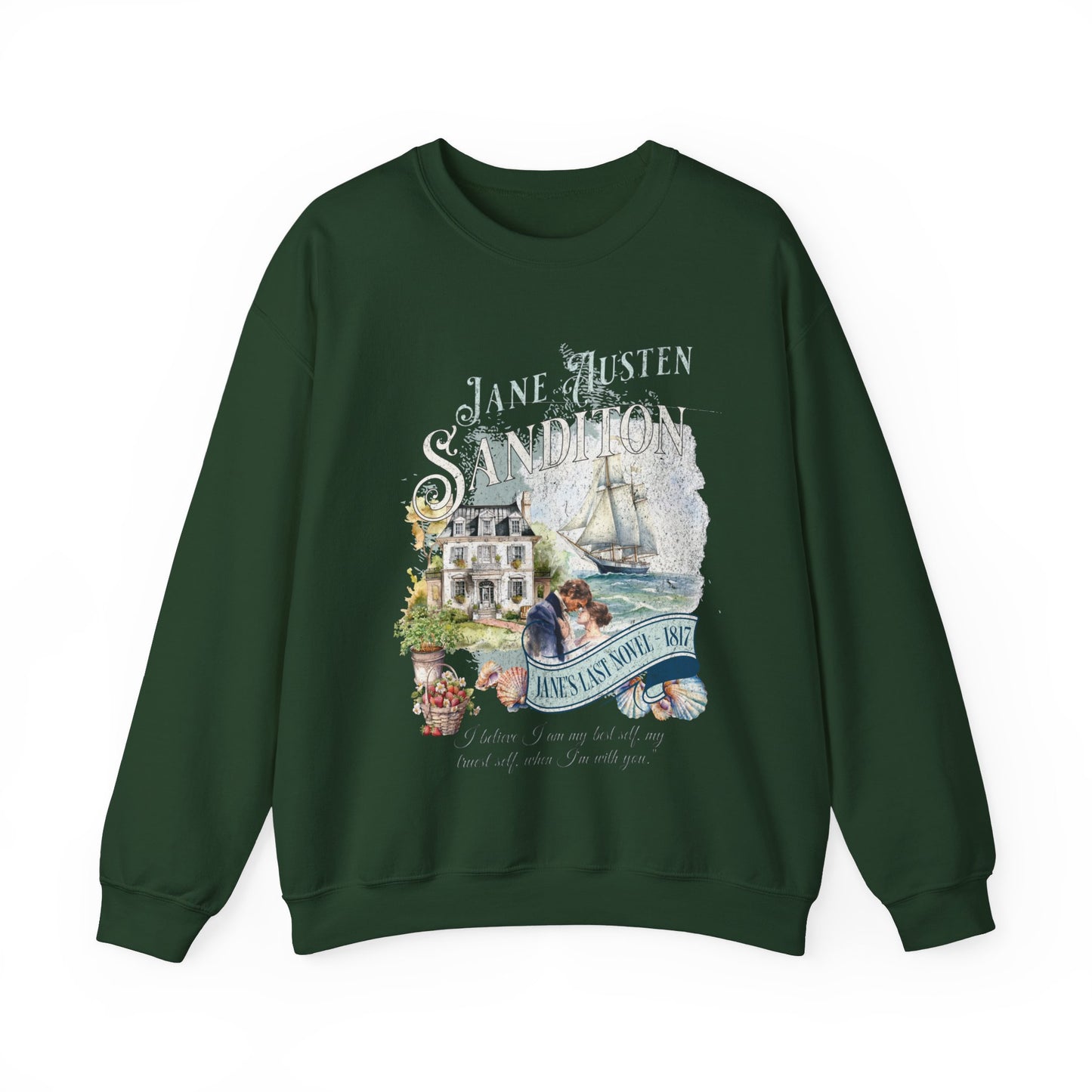 Jane Austen Sweatshirt, Sanditon Historical Romance, Bookish Literary Gift, Jane Austen Fan Art Shirt, Gift for Her, Gift for Readers, Sweatshirt Printify S Forest Green