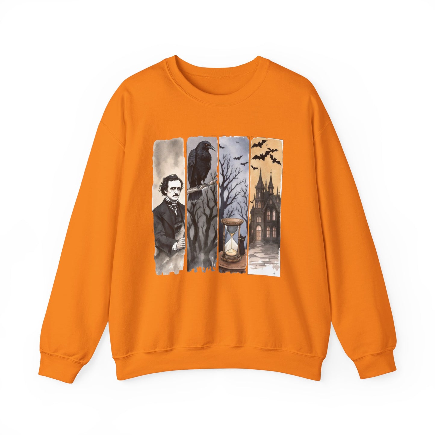 Edgar Allan Poe Sweatshirt The Raven Nevermore Gothic Horror Sweater Dark Academia Macabre Halloween Gift for Book Lovers Birthday Christmas Sweatshirt Printify Safety Orange S