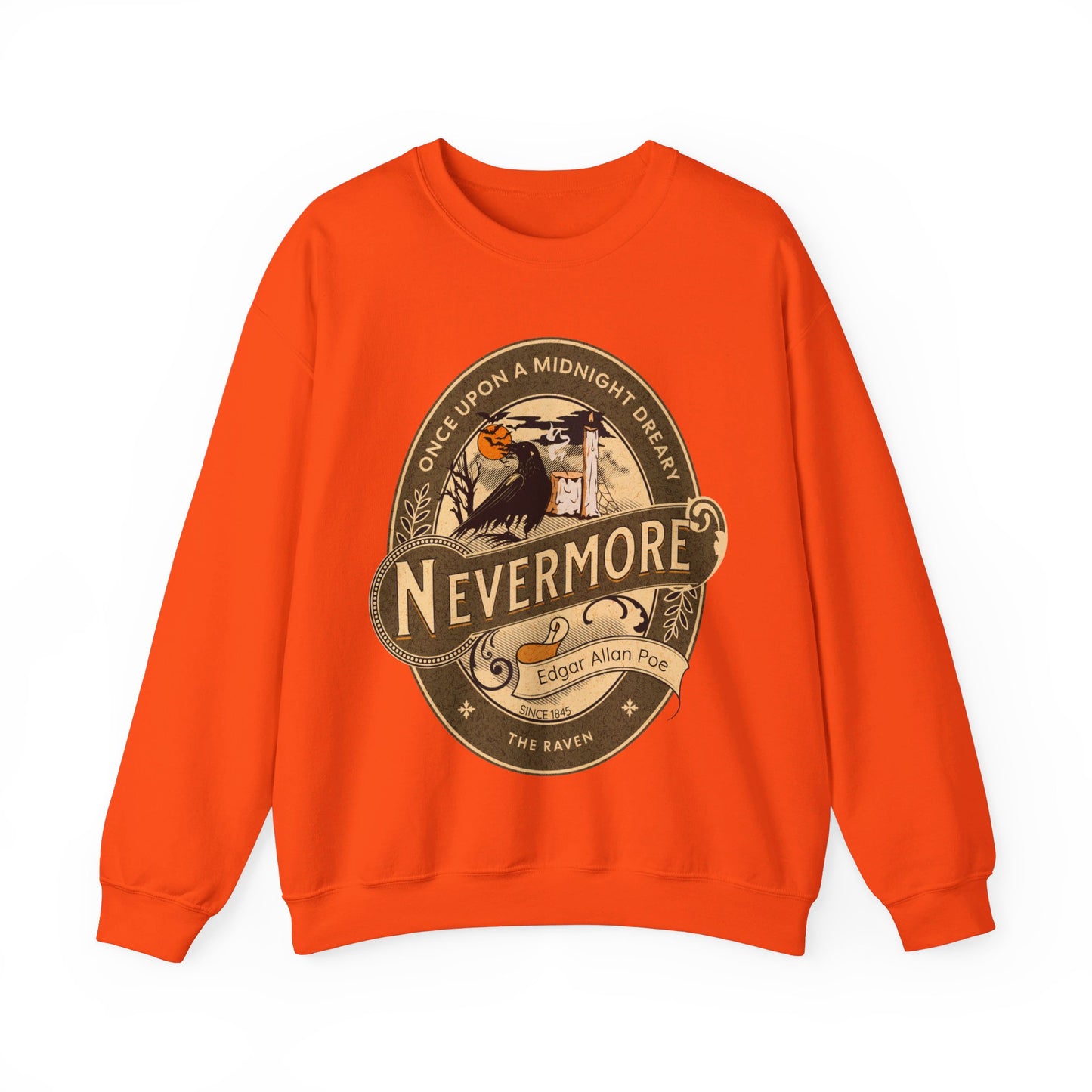 Edgar Allan Poe, Nevermore The Raven Sweatshirt, Book Lover, Halloween, Haunting Gothic Gift, Light, Dark Academia, Horror Movie Sweater Sweatshirt Printify S Orange