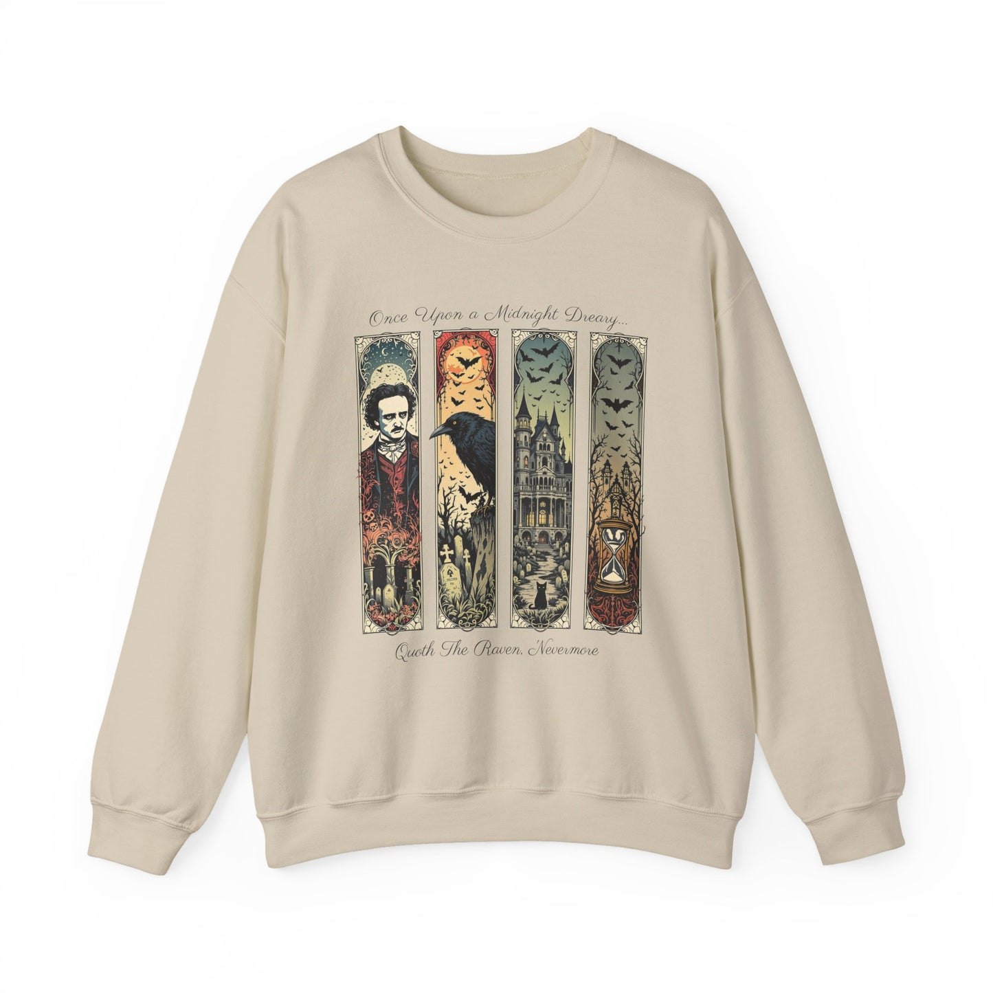 Edgar Allan Poe Sweatshirt The Raven Nevermore Gothic Horror Sweater Dark Academia Macabre Halloween Gift for Book Lovers Birthday Christmas Sweatshirt Printify Sand S