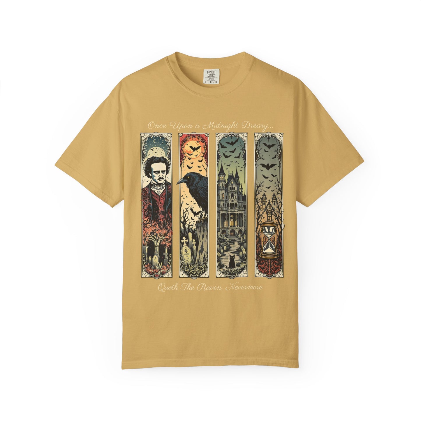 Edgar Allan Poe T-Shirt Gothic Graphic Tee The Raven Nevermore Quote Horror Literature Shirt Dark Academia Aesthetic Halloween Party Gift T-Shirt Printify Mustard S
