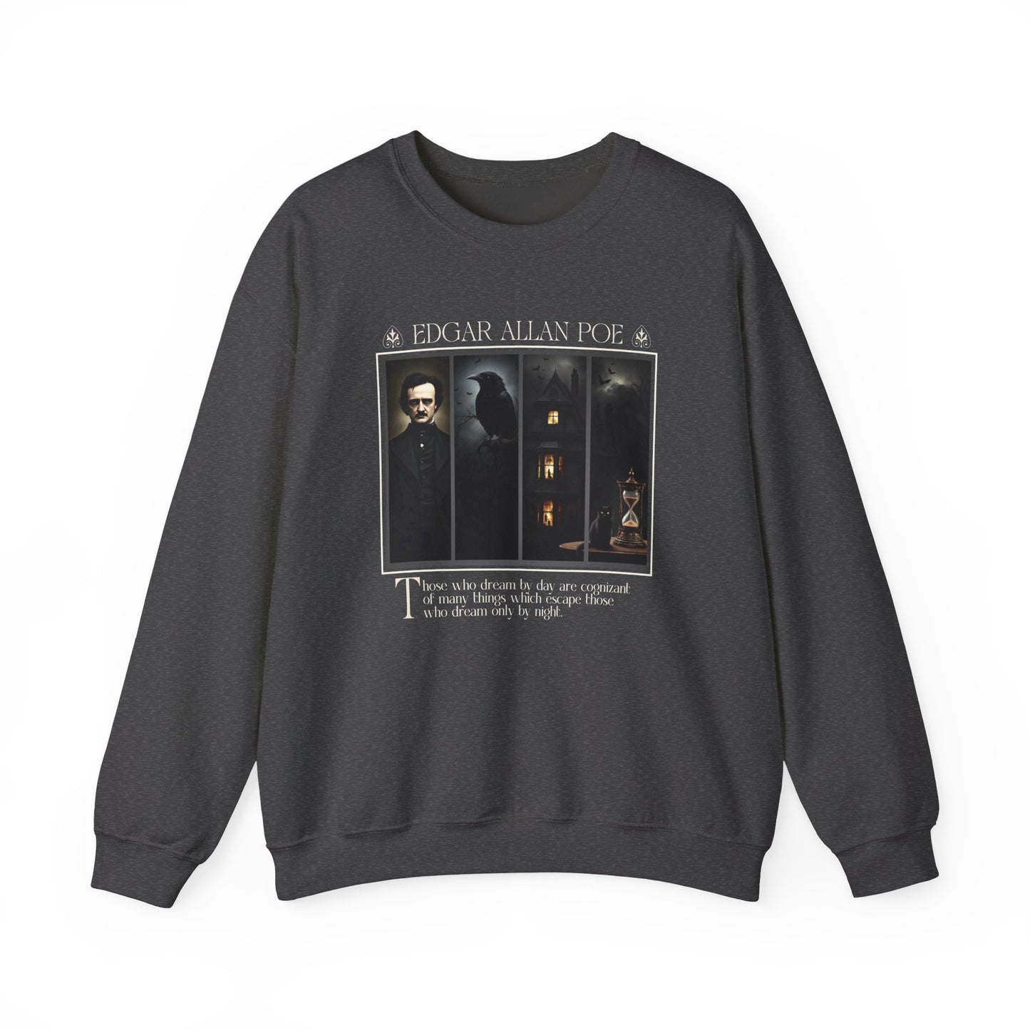 Edgar Allan Poe Sweatshirt The Raven Nevermore Gothic Horror Sweater Dark Academia Macabre Halloween Gift for Book Lovers Birthday Christmas Sweatshirt Printify Dark Heather S