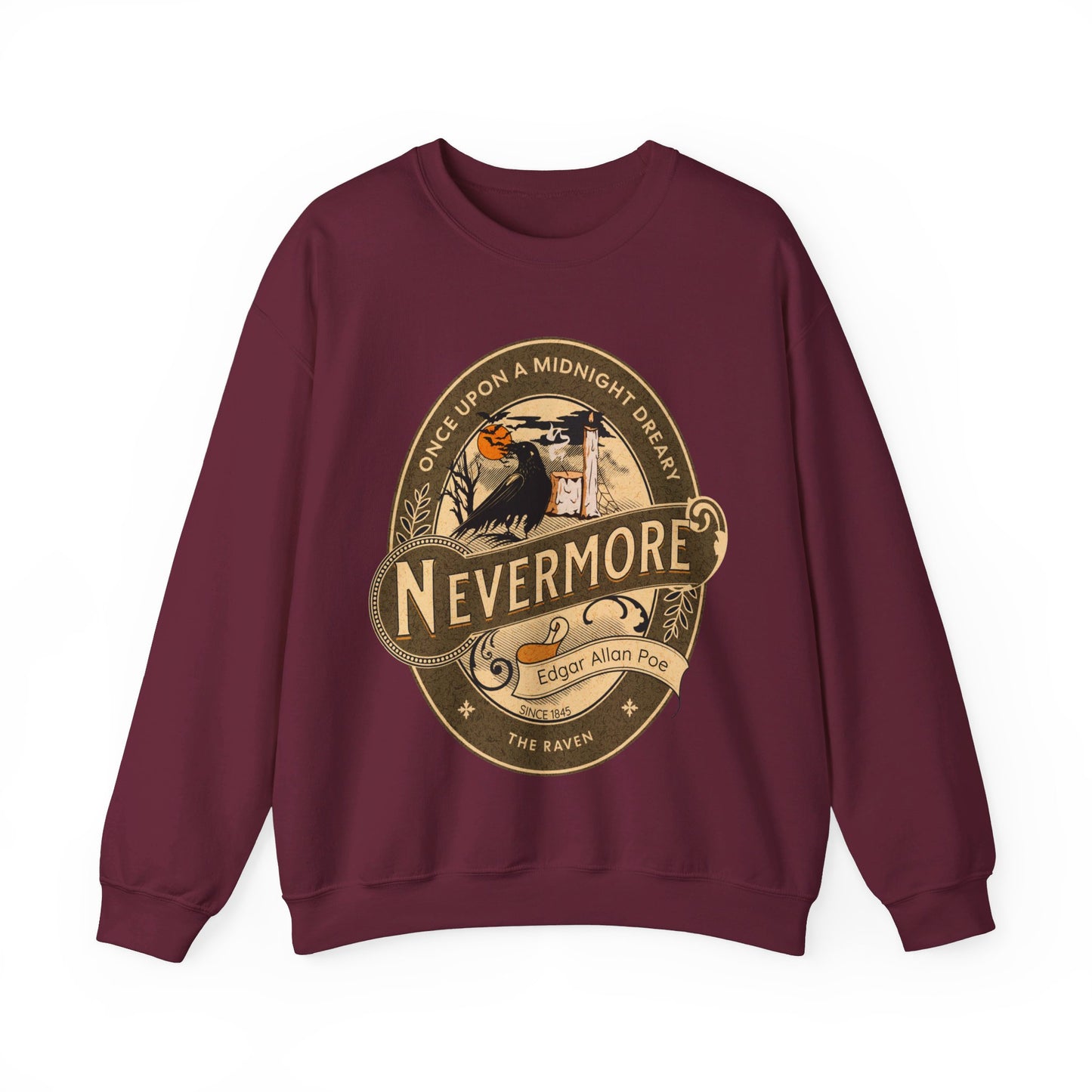 Edgar Allan Poe, Nevermore The Raven Sweatshirt, Book Lover, Halloween, Haunting Gothic Gift, Light, Dark Academia, Horror Movie Sweater Sweatshirt Printify S Maroon