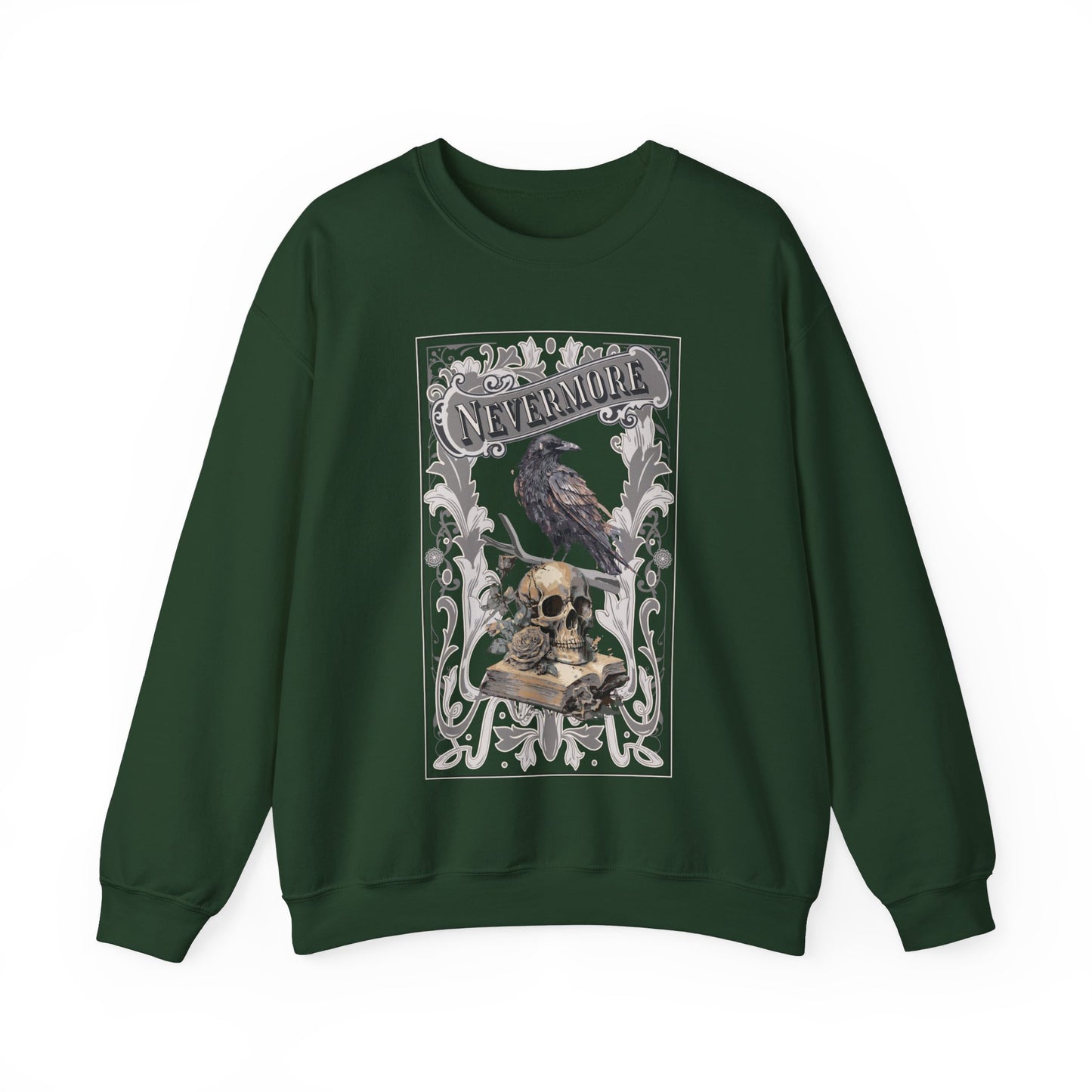 Edgar Allan Poe, Nevermore The Raven Sweatshirt, Book Lover, Halloween, Haunting Gothic Gift, Light, Dark Academia, Horror Movie Sweater Sweatshirt Printify S Forest Green