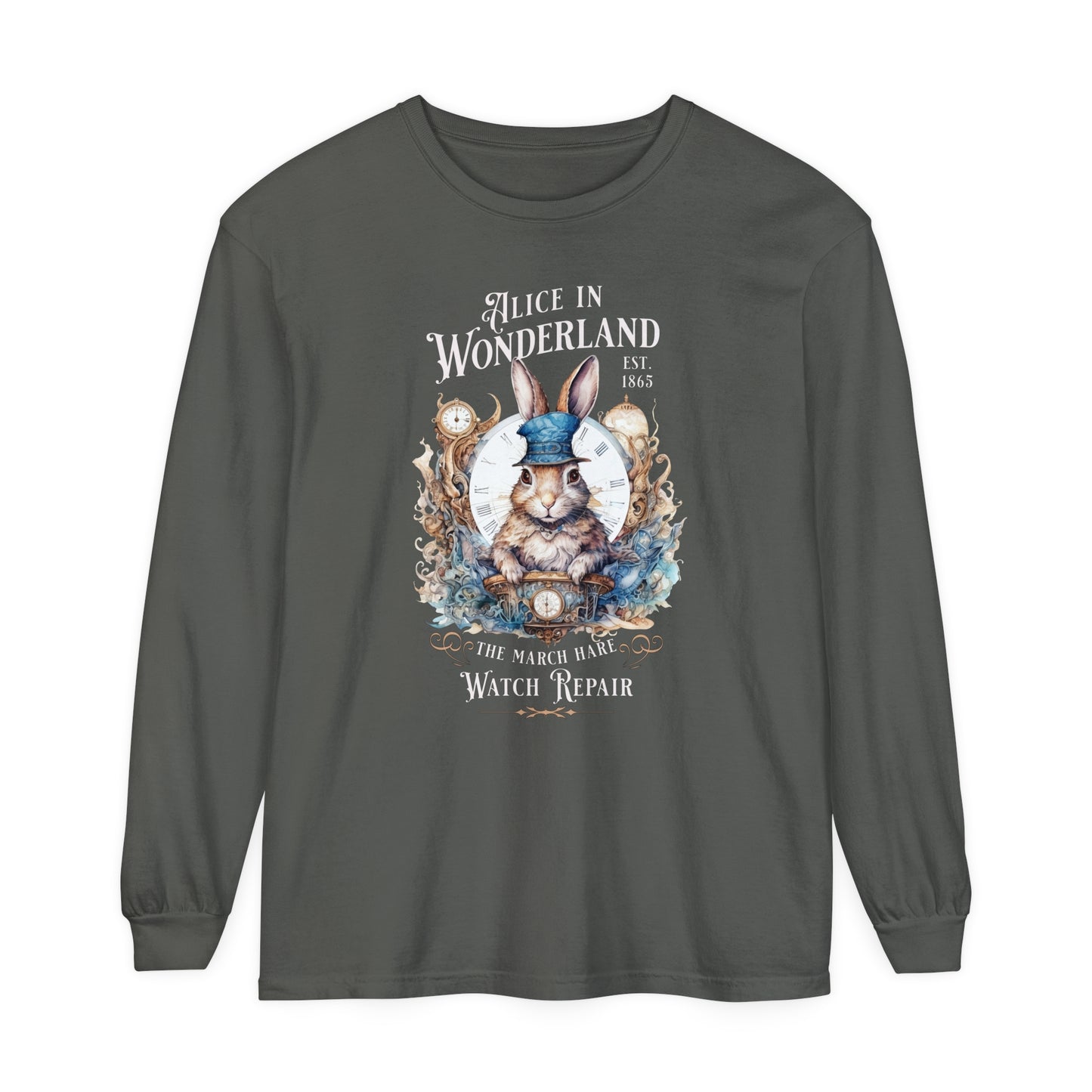 Alice in Wonderland Long Sleeve Shirt, Lewis Carroll Dark Academia TShirt, Mad Hatter Tea Party March Hare White Rabbit Bookish Booktok Gift Long-sleeve Printify Pepper S