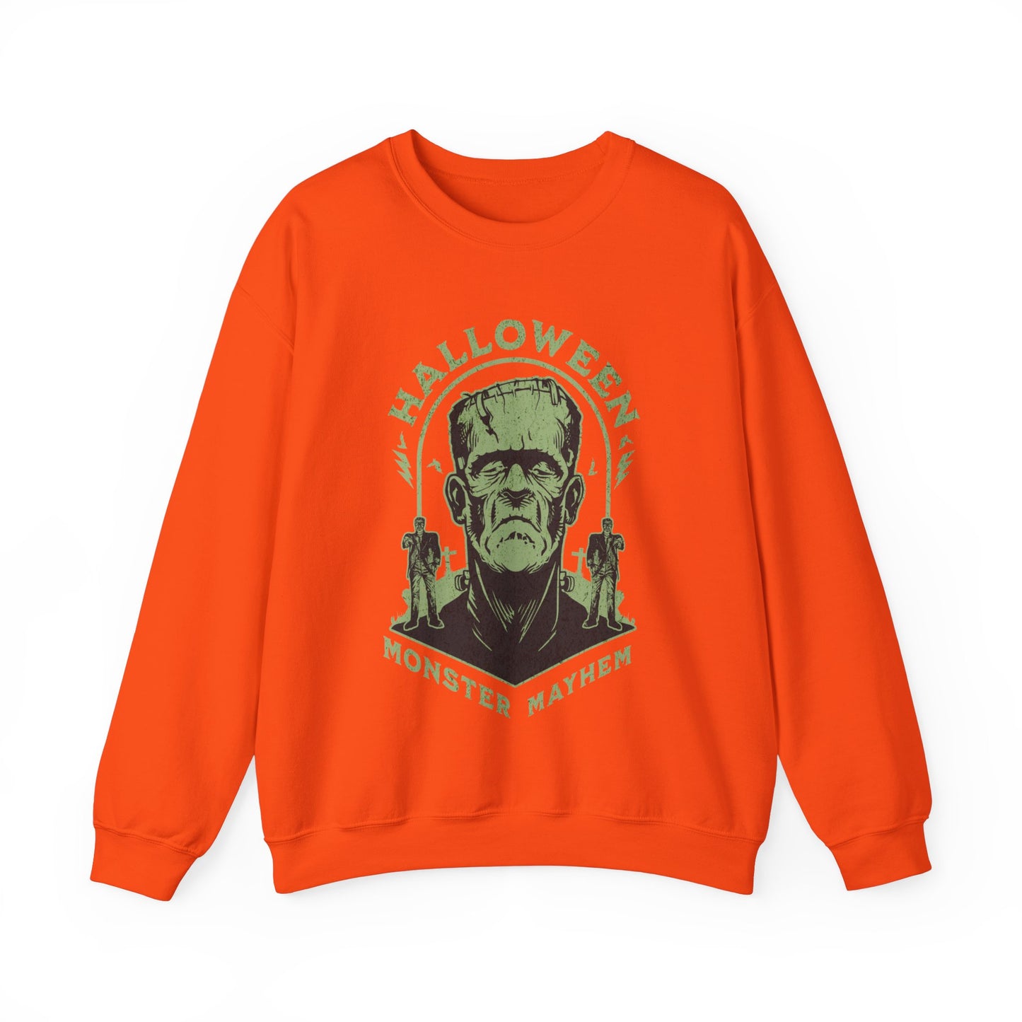 Vintage Halloween Frankenstein Monster Graphic Sweatshirt, Creepy Spooky Book Lover Gift, Horror Movie, Fall Festival Party Sweater. Sweatshirt Printify S Orange
