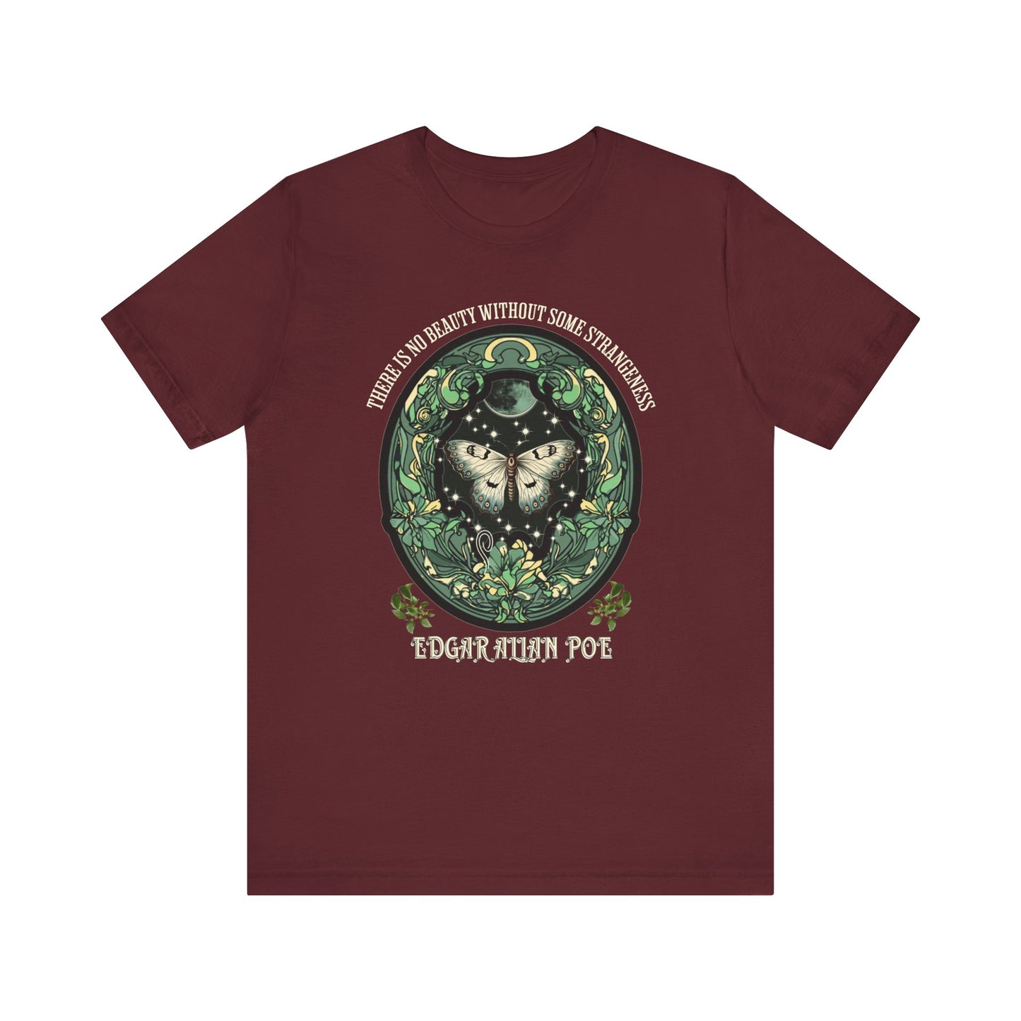 Edgar Allan Poe, Fairycore Night Garden T-Shirt, Book Lover Tee, Haunting Gothic Gift, Light, Dark Academia, Literary Poetry Bookclub Shirt T-Shirt Printify Maroon S