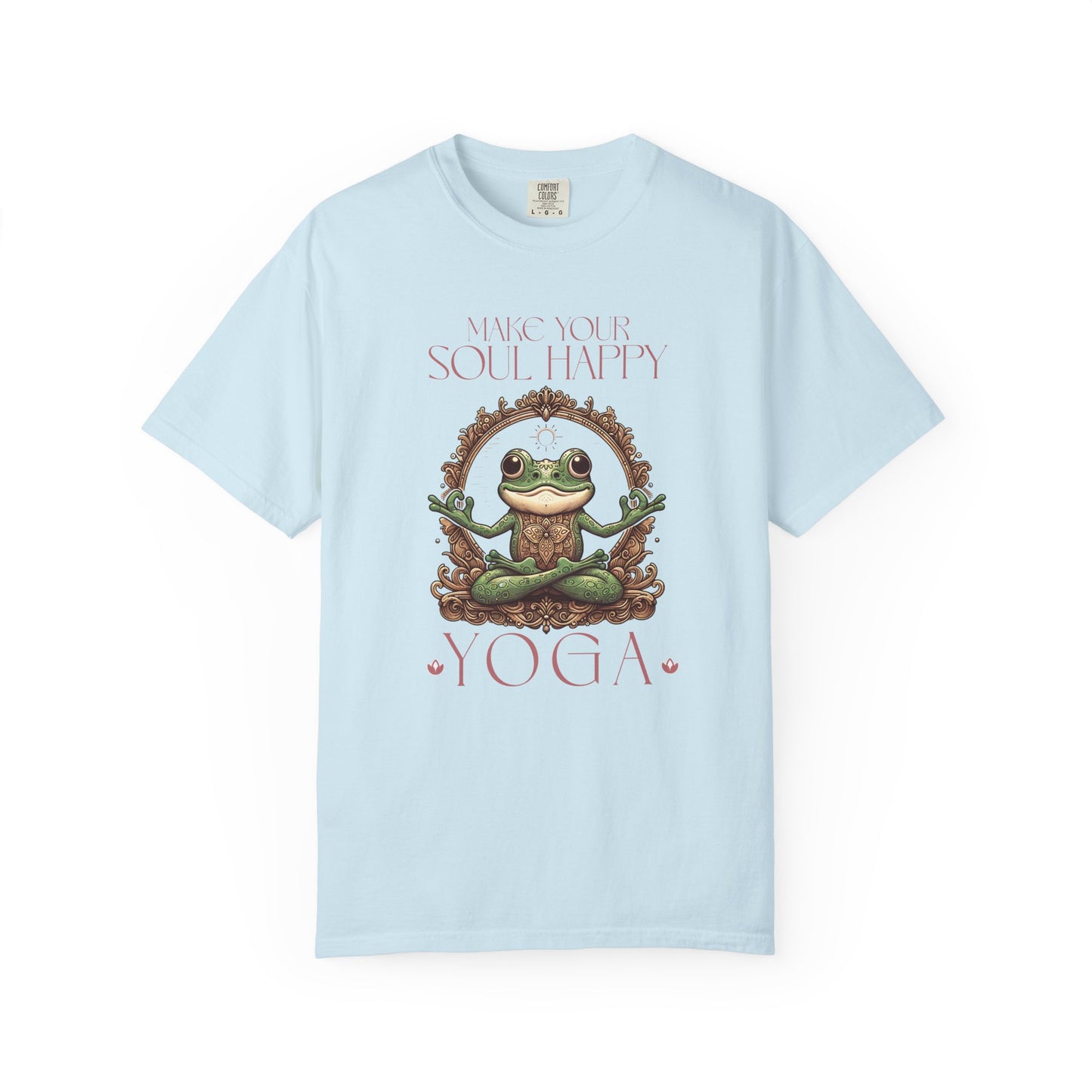 Pink Yoga Frog Make Your Soul Happy Unisex T-Shirt, Casual Wear, Highlander Fan Gift, T-Shirt Printify Chambray S