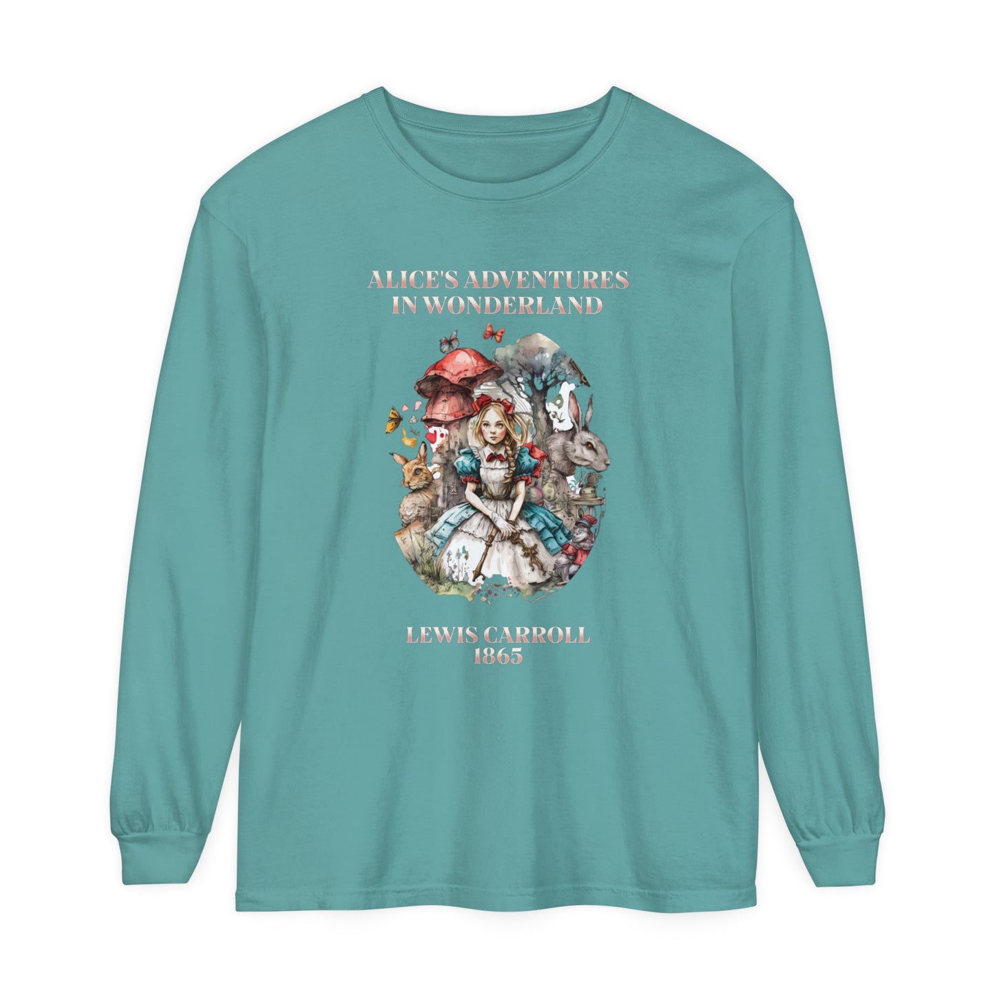 Alice in Wonderland Vintage Long Sleeve Shirt, Lewis Carroll Dark Academia TShirt, Mad Hatter Tea Party Queen of Hearts Bookish Booktok Gift Long-sleeve Printify Seafoam S