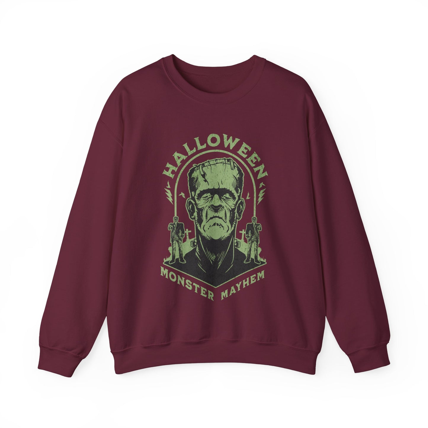 Vintage Halloween Frankenstein Monster Graphic Sweatshirt, Creepy Spooky Book Lover Gift, Horror Movie, Fall Festival Party Sweater. Sweatshirt Printify S Maroon