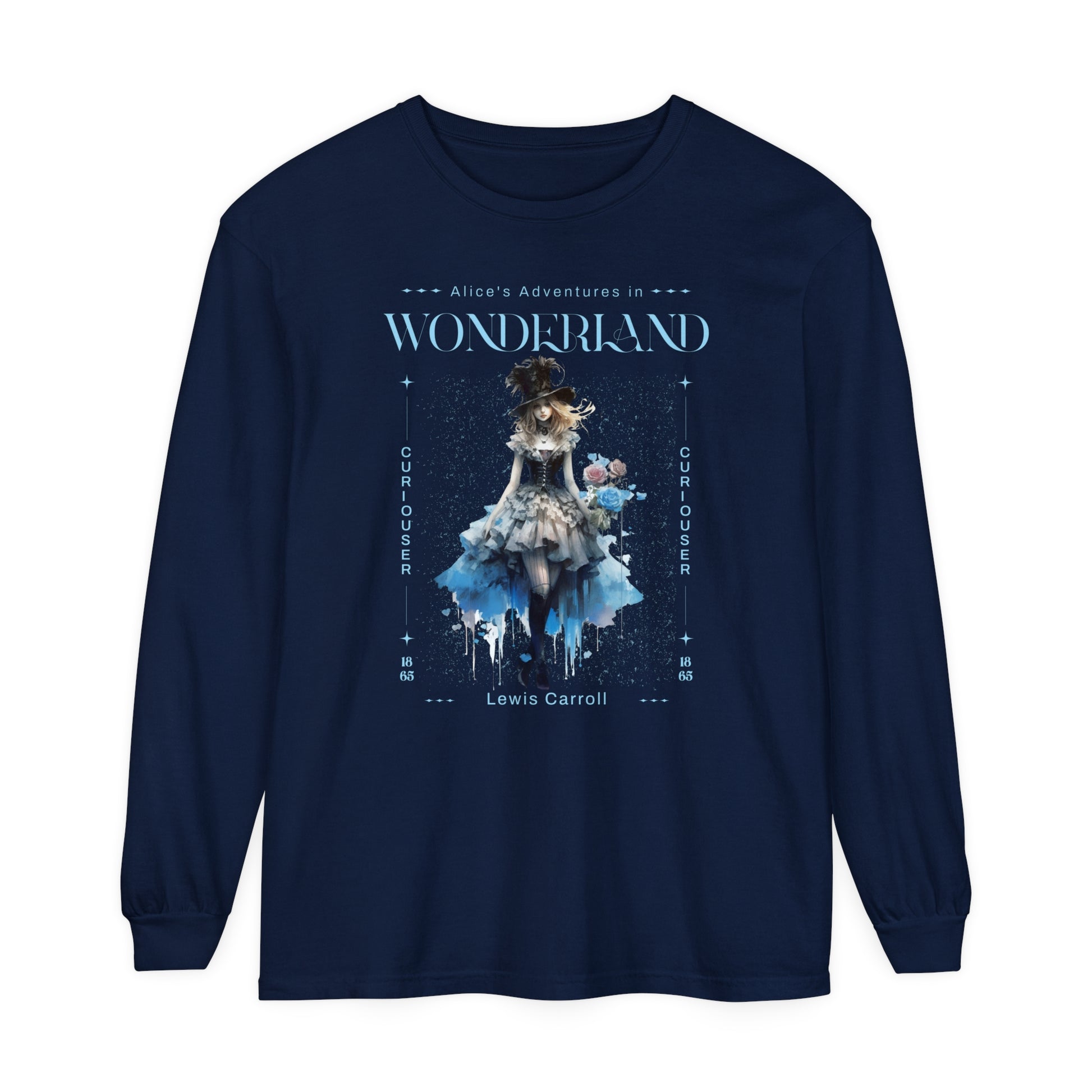 Alice In Wonderland Long Sleeve Shirt, Lewis Carroll Whimsigoth Streetwear Academia TShirt, Mad Hatter's Tea Party Tee Bookish Booktok Gift Long-sleeve Printify True Navy S
