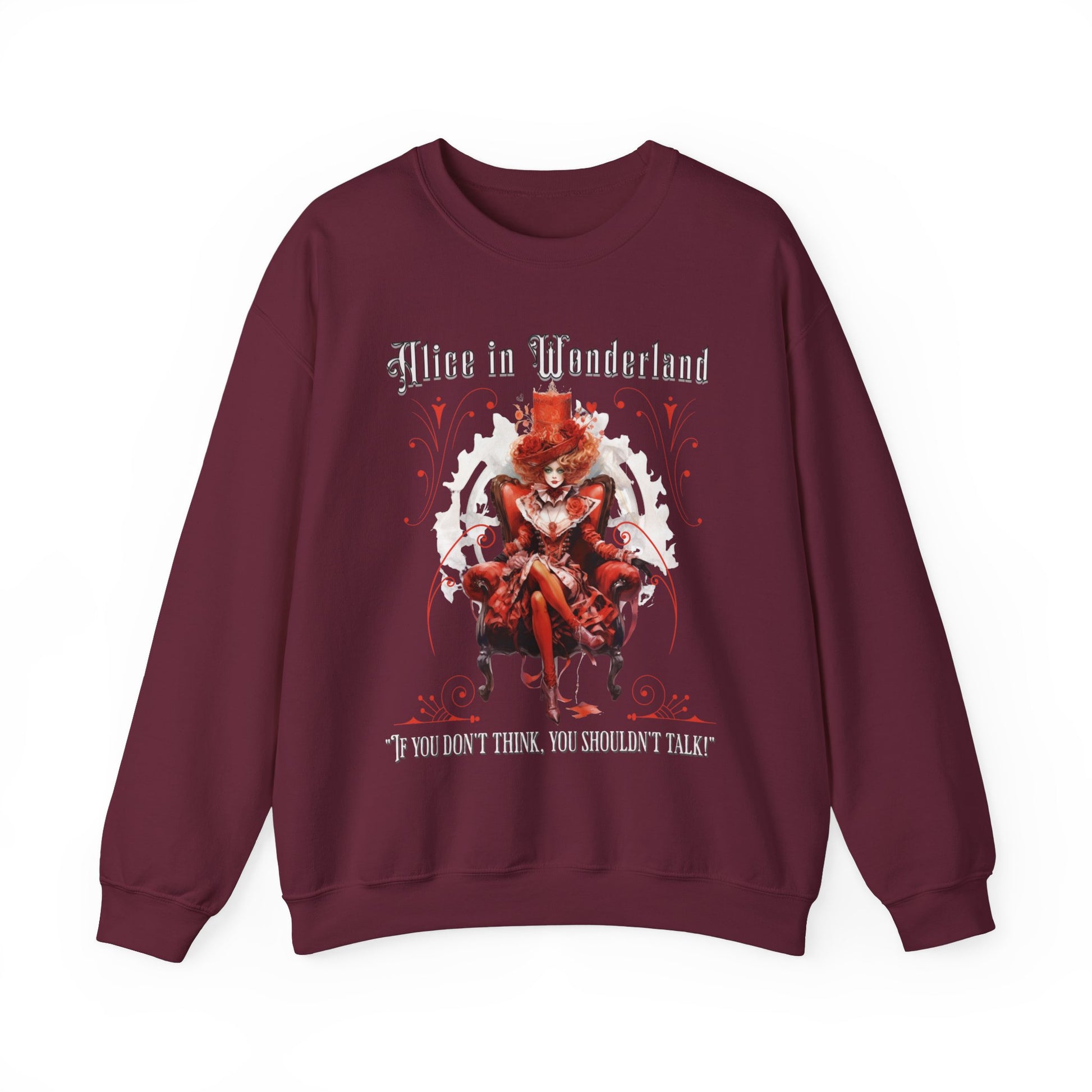 Queen of Hearts Sweatshirt, Alice In Wonderland Lewis Carroll Whimsigoth Academia Sweater Mad Hatter Tea Party Tee Bookish Booktok Gift Sweatshirt Printify S Maroon