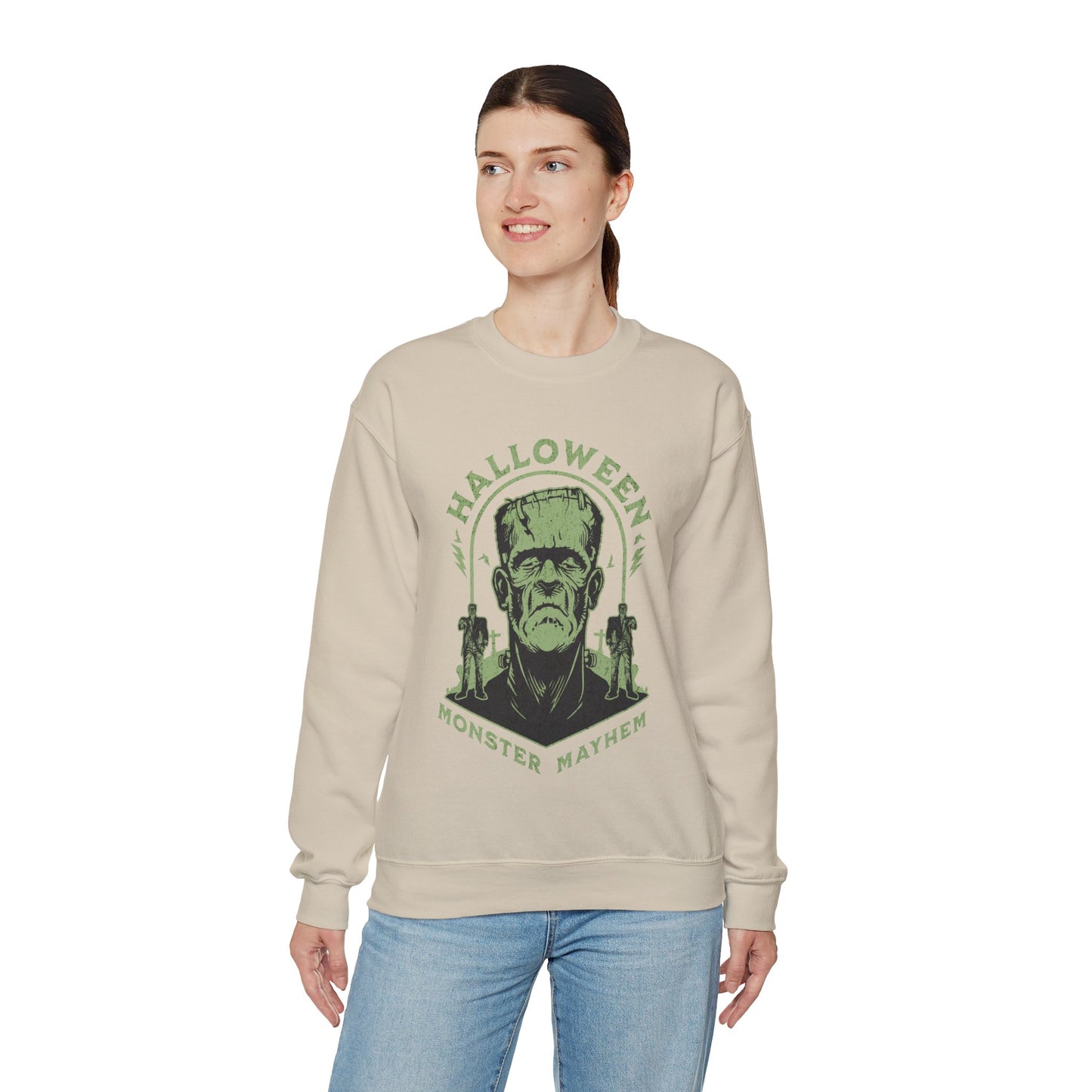 Vintage Halloween Frankenstein Monster Graphic Sweatshirt, Creepy Spooky Book Lover Gift, Horror Movie, Fall Festival Party Sweater. Sweatshirt Printify
