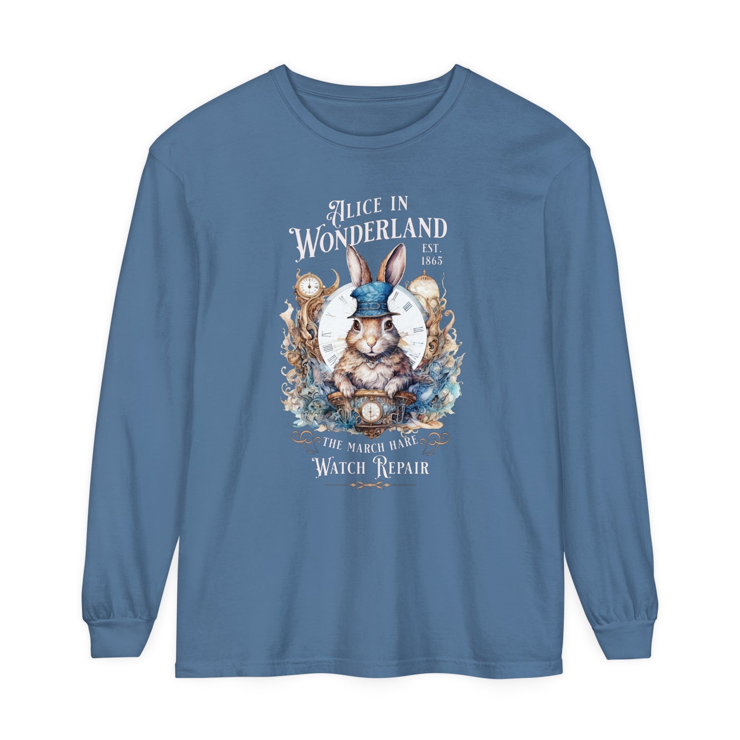 Alice in Wonderland Long Sleeve Shirt, Lewis Carroll Dark Academia TShirt, Mad Hatter Tea Party March Hare White Rabbit Bookish Booktok Gift Long-sleeve Printify Blue Jean S