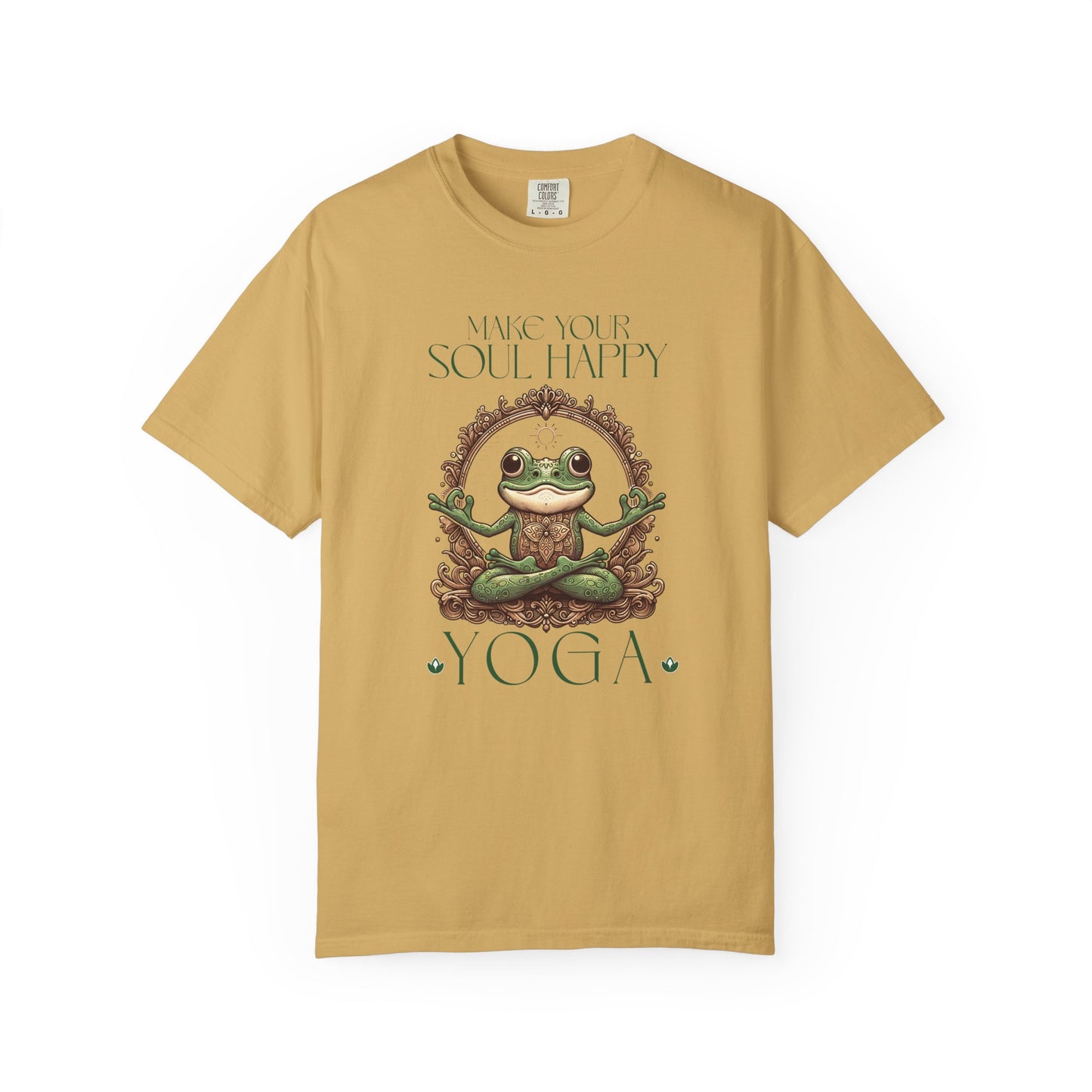 Green Yoga Frog Make Your Soul Happy Unisex T-Shirt, Casual Wear, Highlander Fan Gift, T-Shirt Printify Mustard S