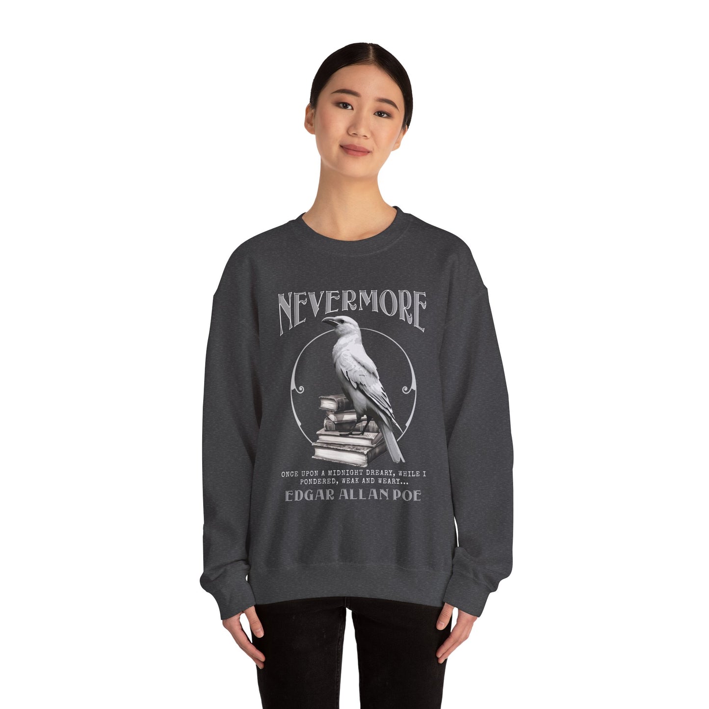 The White Raven Edgar Allan Poe Nevermore Sweatshirt Book Lover Halloween Haunting Gothic Gift Light Dark Academia Horror Movie Bookclub Sweater Sweatshirt Printify