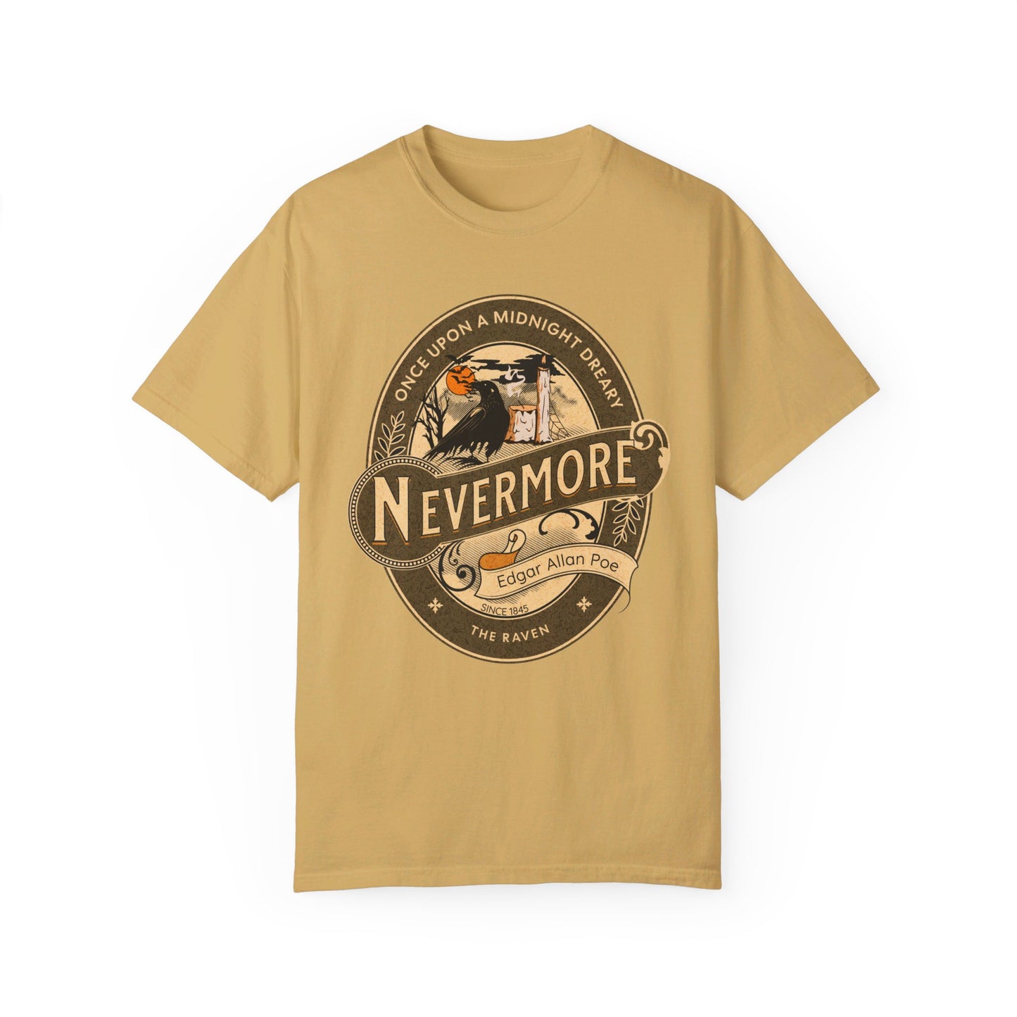 Edgar Allan Poe Shirt, Nevermore The Raven Tee, Book, Reading Lover Shirt, Halloween, Gothic, Light Academia Gifts, Comfort Colours TShirt T-Shirt Printify Mustard S