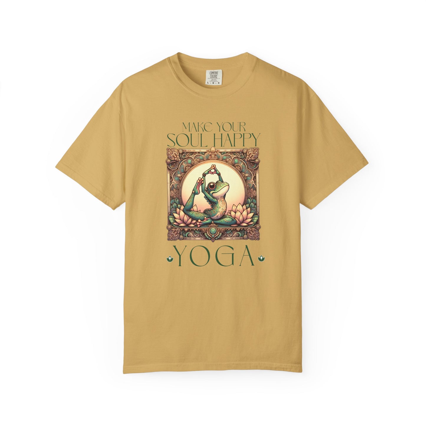 Green Yoga Frog Make Your Soul Happy Unisex T-Shirt, Casual Wear, Highlander Fan Gift, T-Shirt Printify Mustard S