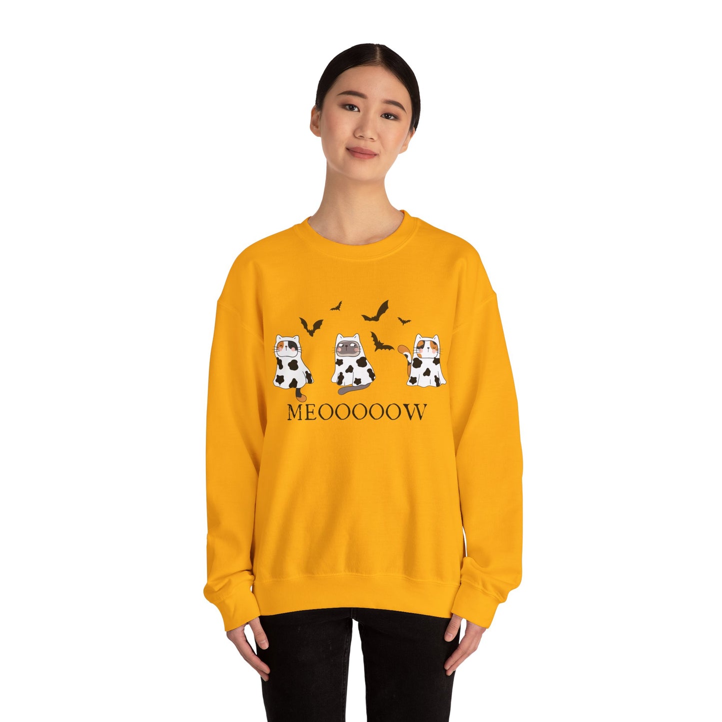 Cute Halloween Cow Ghost Cats Sweatshirt, Cats in Cow Ghost Costumes, Spooky Season Sweater, Halloween Party Shirt, Cat Lover Gift Sweatshirt Printify