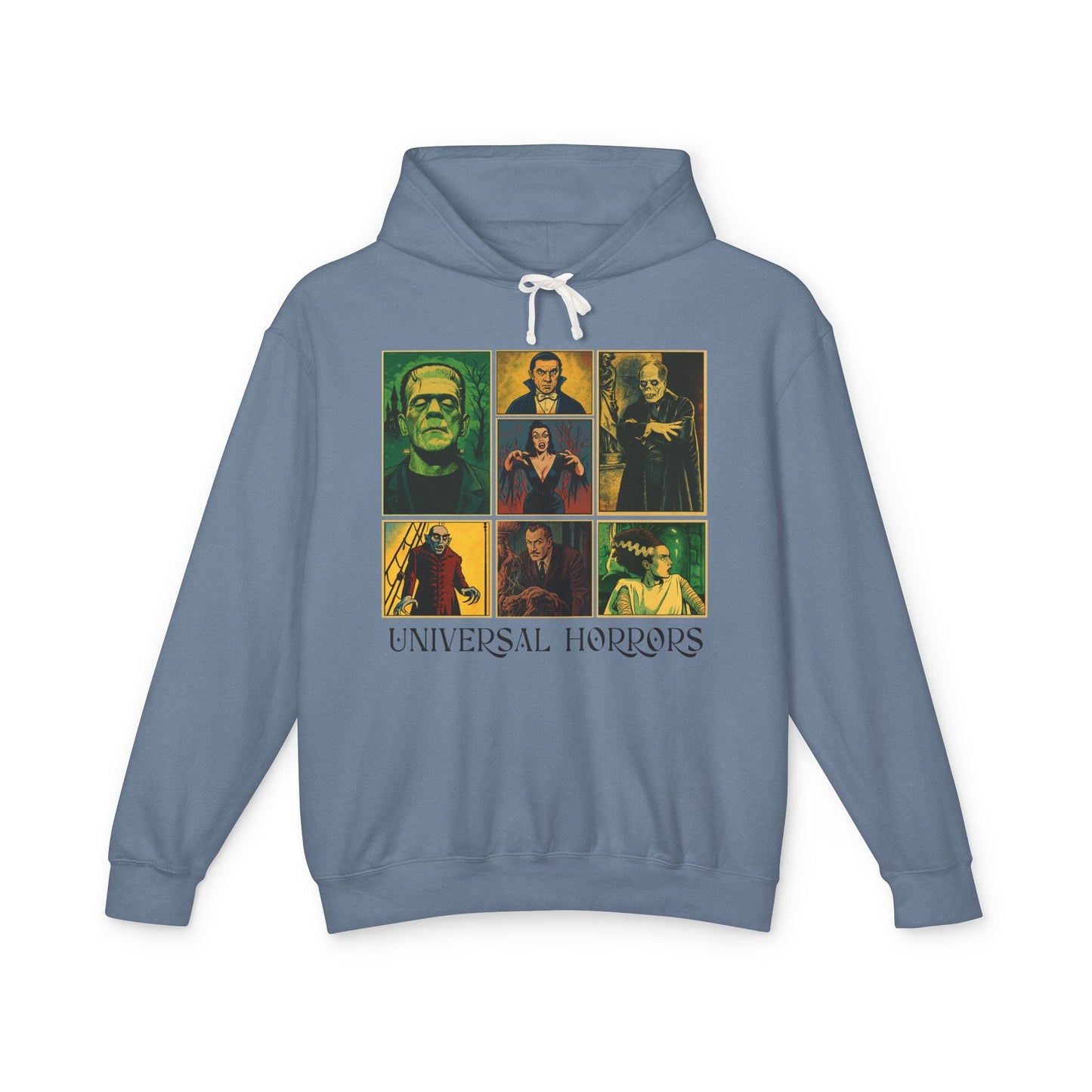 Universal Horrors Unisex Hooded Sweatshirt - Spooky Apparel for Halloween, Horror Fans, Movie Lovers, Cozy Wear, Gift Hoodie Printify S Blue Jean