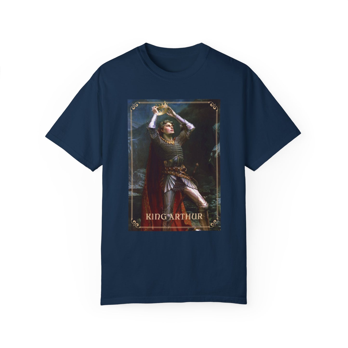 King Arthur Art Print T-shirt Mythical Tale Tee Comfortable Renfaire Medieval Festival Shirt Gift for Gamers Fantasy Lover Cosplay TShirt T-Shirt Printify True Navy S