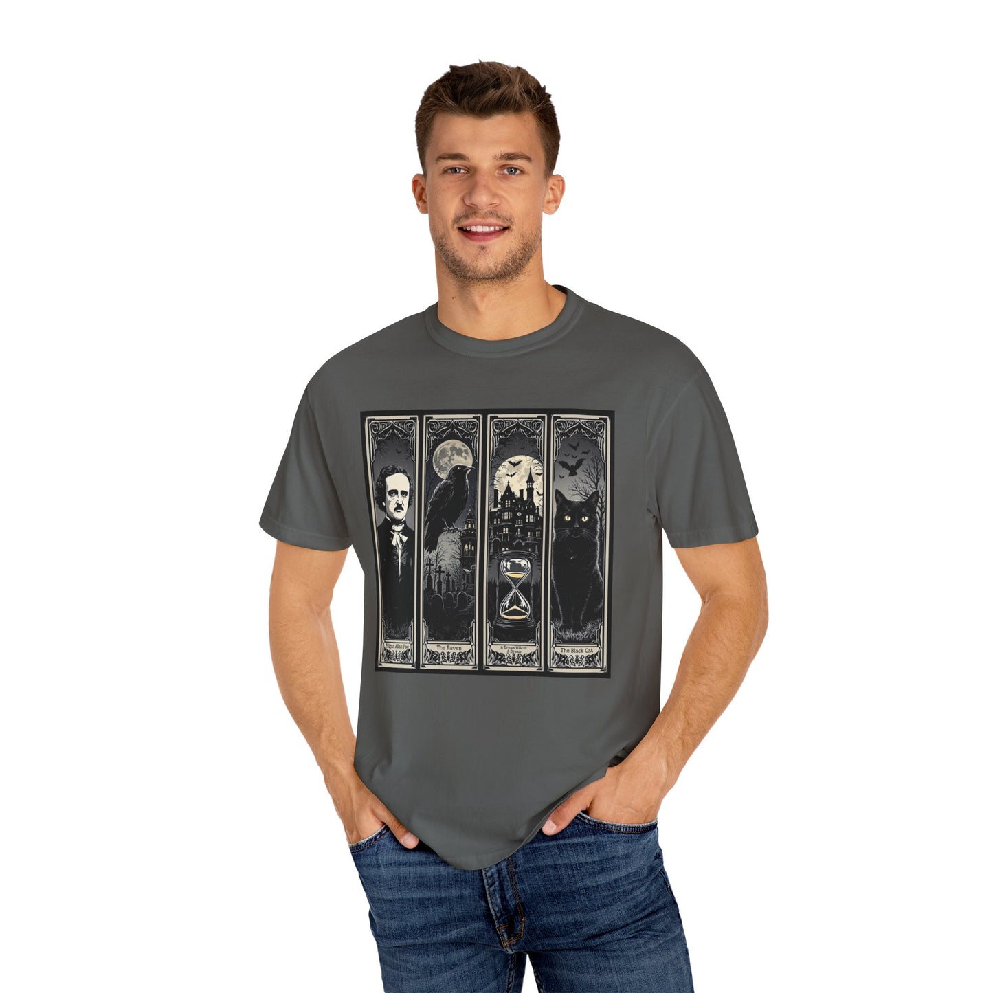 Edgar Allan Poe T-Shirt Gothic Graphic Tee The Raven Nevermore Quote Horror Literature Shirt Dark Academia Aesthetic Halloween Party Gift