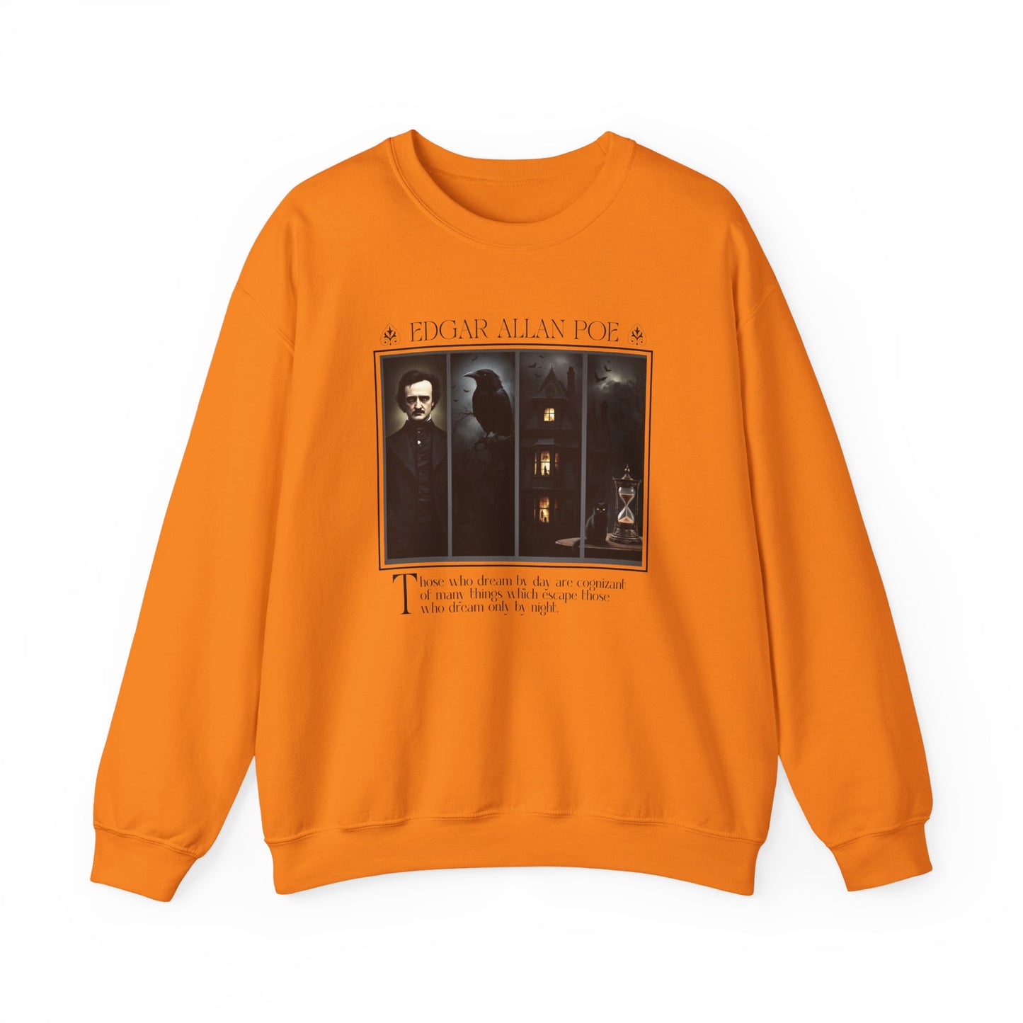 Edgar Allan Poe Sweatshirt The Raven Nevermore Gothic Horror Sweater Dark Academia Macabre Halloween Gift for Book Lovers Birthday Christmas Sweatshirt Printify Safety Orange S