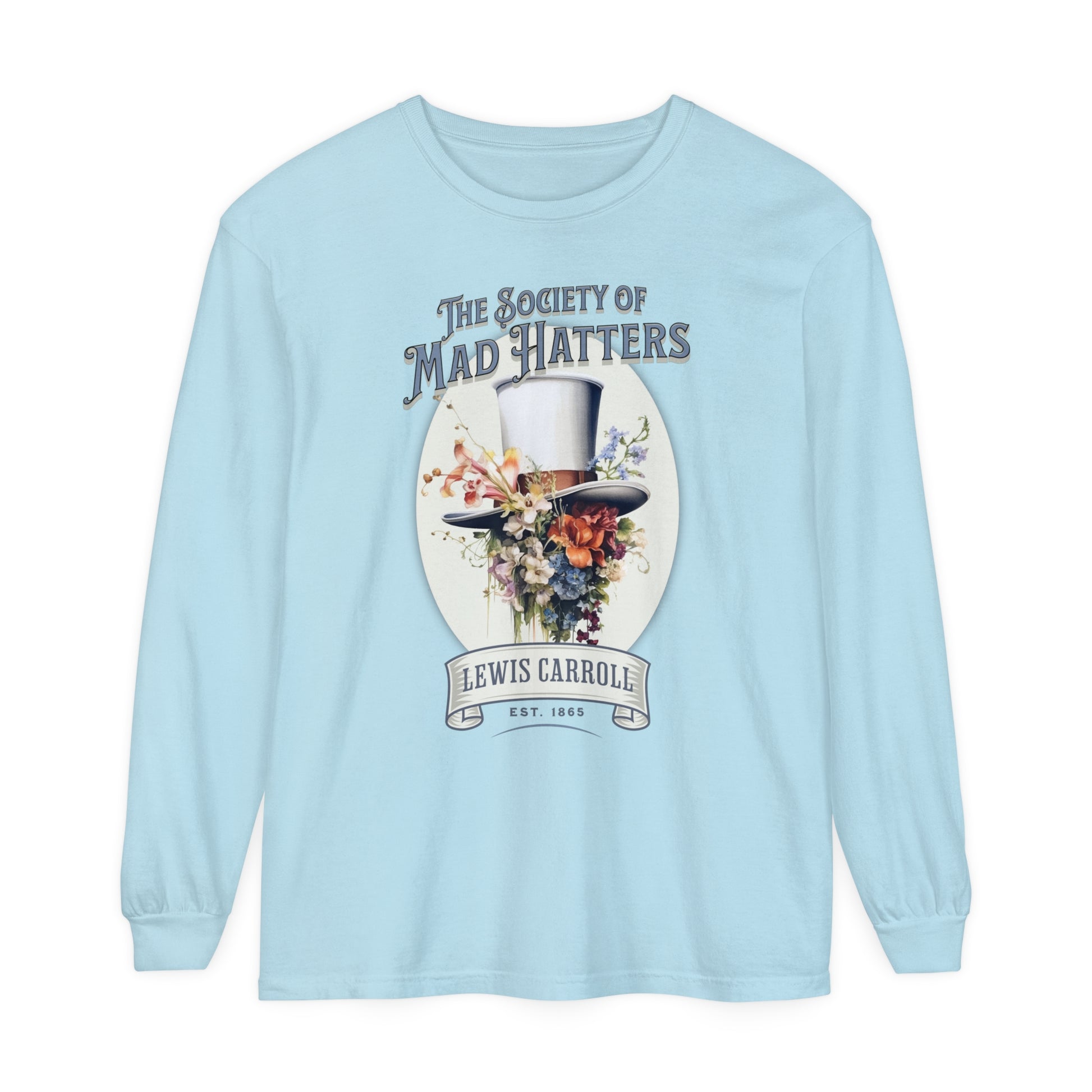Alice in Wonderland Long Sleeve Shirt, Vintage Lewis Carroll The Mad Hatter TShirt, Tea Party, Queen of Hearts Bookish Booktok Academia Gift Long-sleeve Printify Chambray S