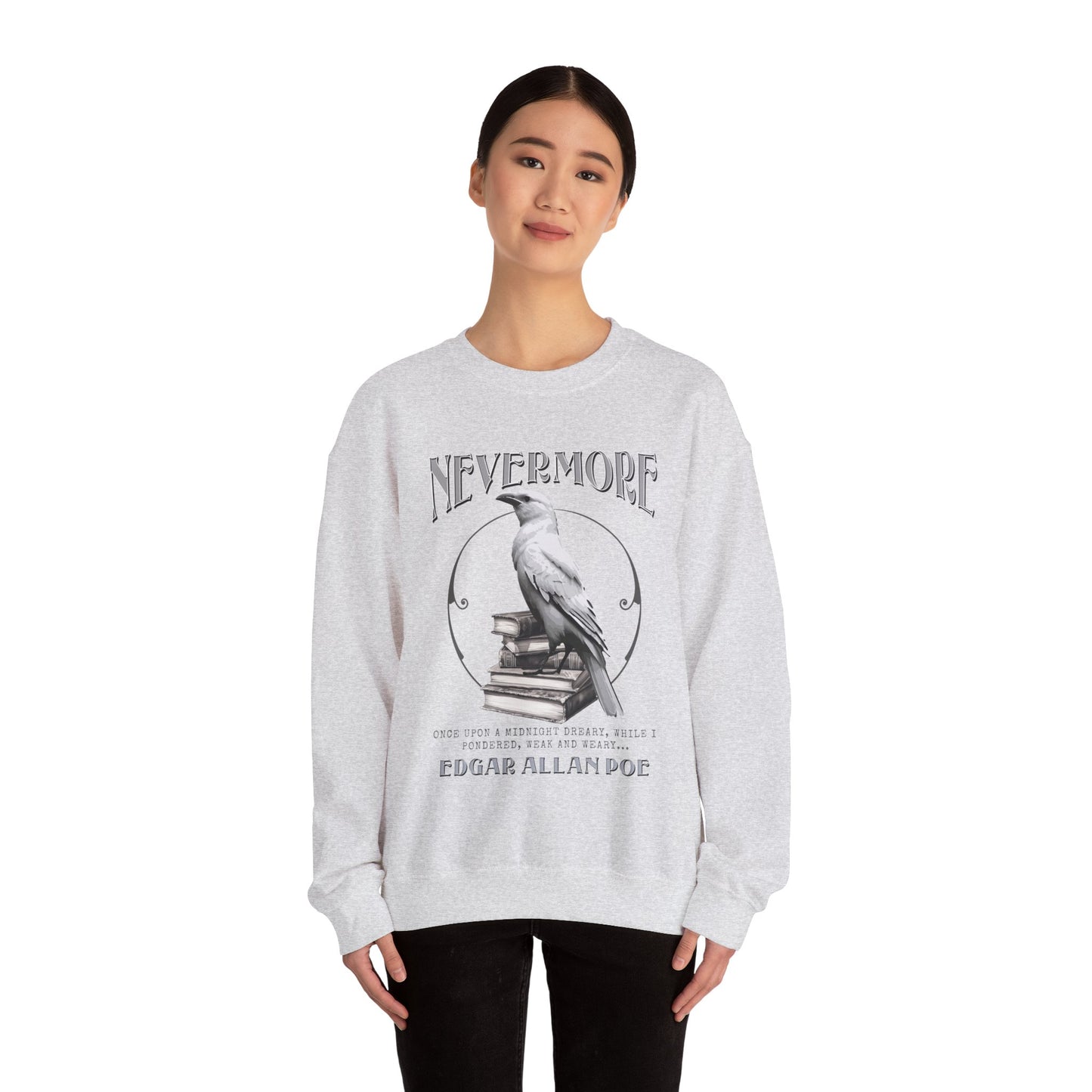 The White Raven Edgar Allan Poe Nevermore Sweatshirt Book Lover Halloween Haunting Gothic Gift Light Dark Academia Horror Movie Bookclub Sweater Sweatshirt Printify