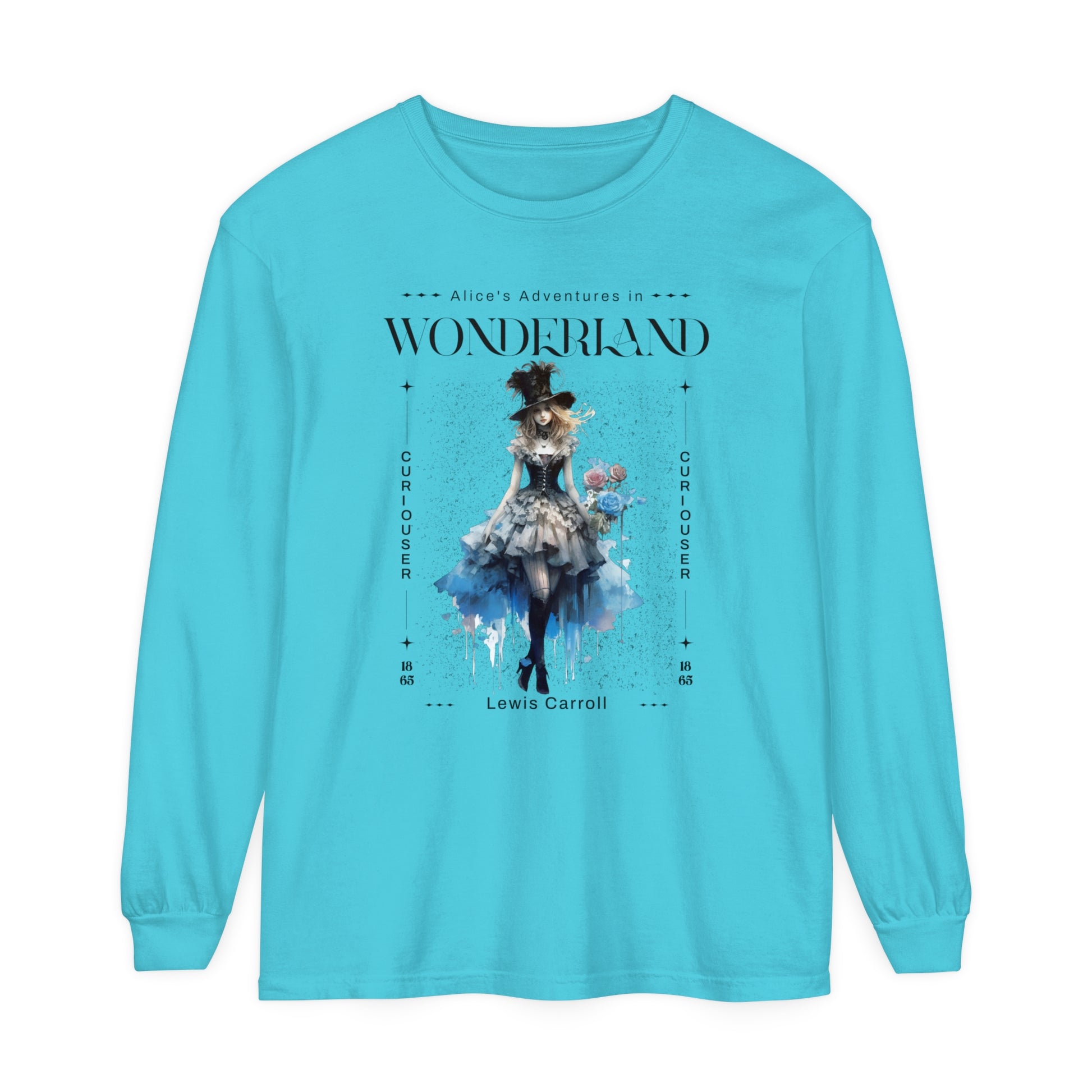 Alice In Wonderland Long Sleeve Shirt, Lewis Carroll Whimsigoth Streetwear Academia TShirt, Mad Hatter's Tea Party Tee Bookish Booktok Gift Long-sleeve Printify Lagoon Blue S