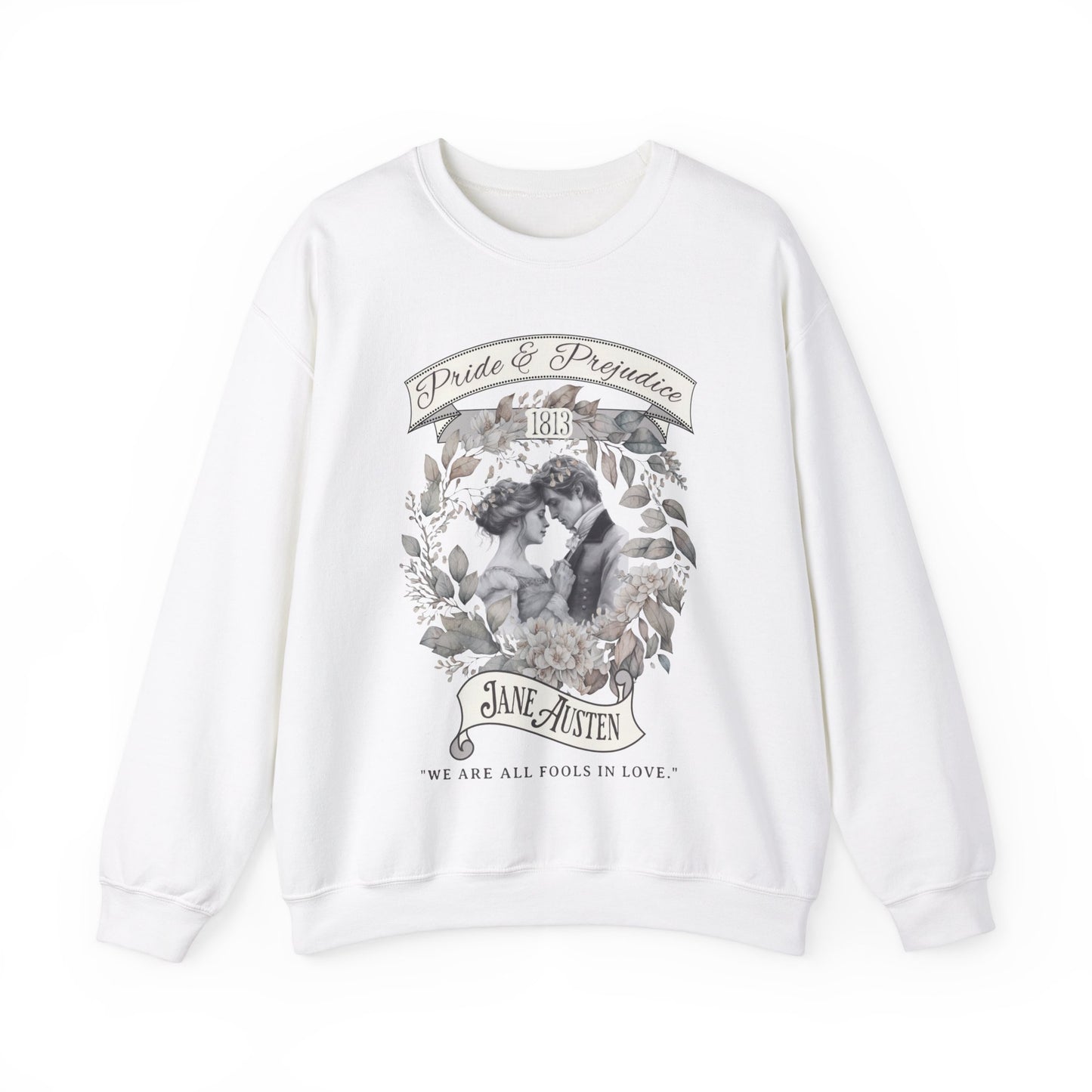 Jane Austen Sweatshirt, Pride & Prejudice Historical Romance Sweater, Bookish Literary Jane Austen Fan Art Gift, Gift for Her, Readers, Sweatshirt Printify S White