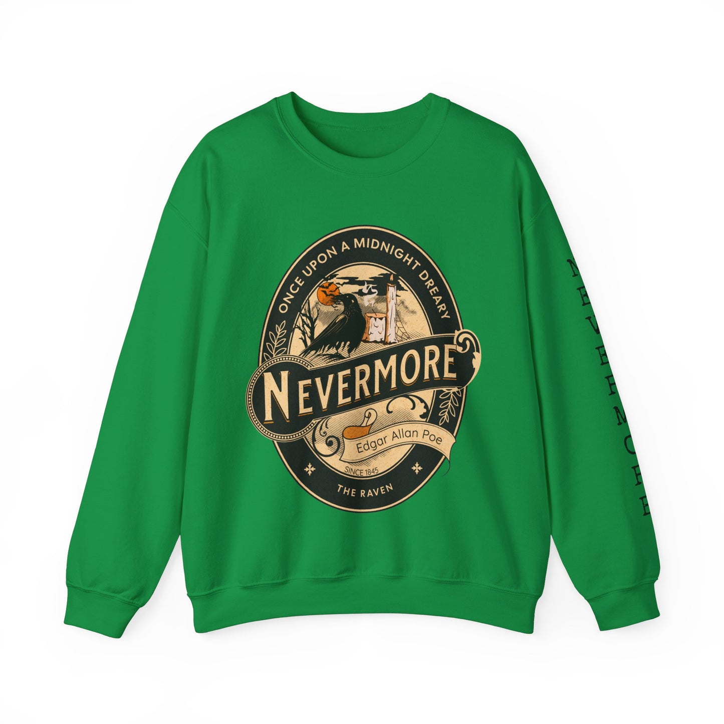 Edgar Allan Poe, Sleeve Print Nevermore The Raven Sweatshirt, Book Lover, Halloween, Haunting Gothic Gift, Light, Dark Academia, Horror Movie Sweater Sweatshirt Printify S Irish Green