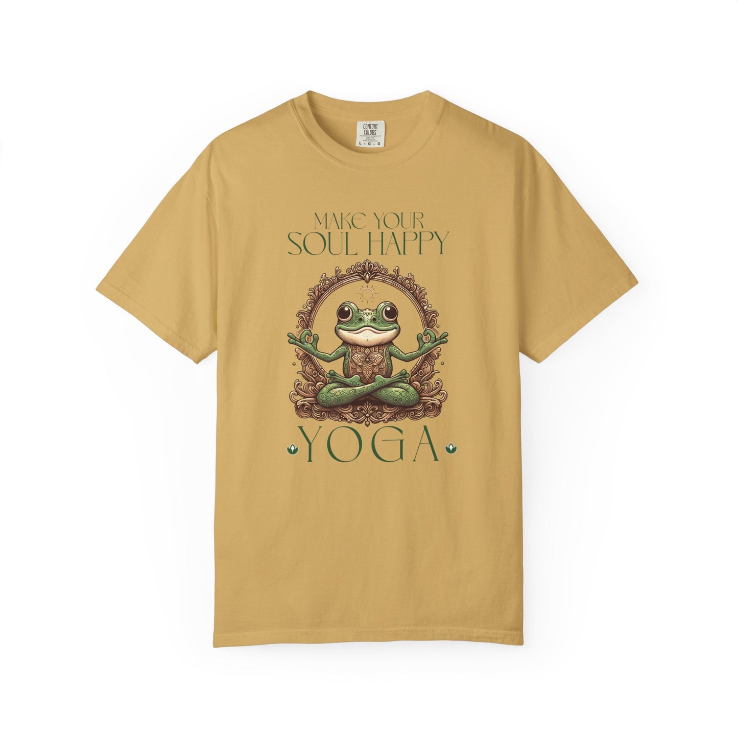Green Yoga Frog Make Your Soul Happy Unisex T-Shirt, Casual Wear, Highlander Fan Gift, T-Shirt Printify Mustard S