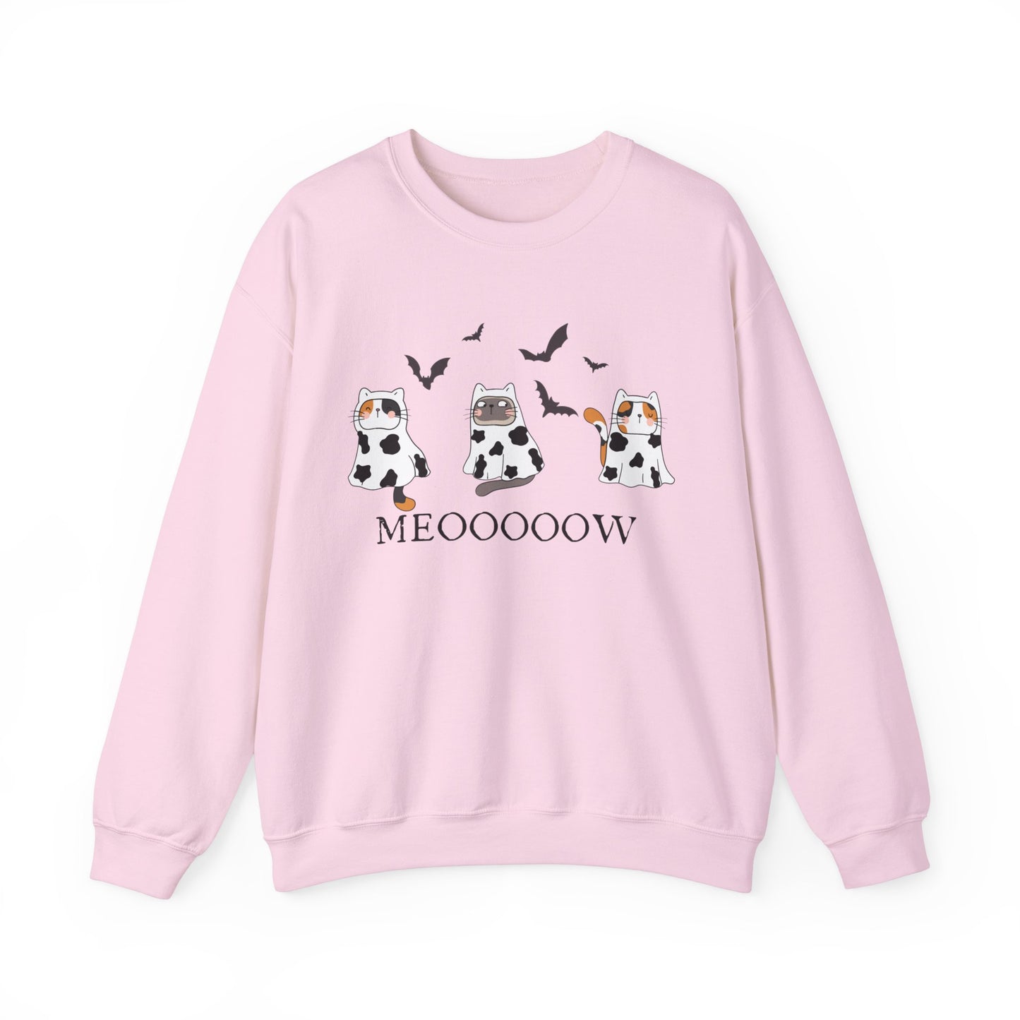 Cute Halloween Cow Ghost Cats Sweatshirt, Cats in Cow Ghost Costumes, Spooky Season Sweater, Halloween Party Shirt, Cat Lover Gift Sweatshirt Printify S Light Pink