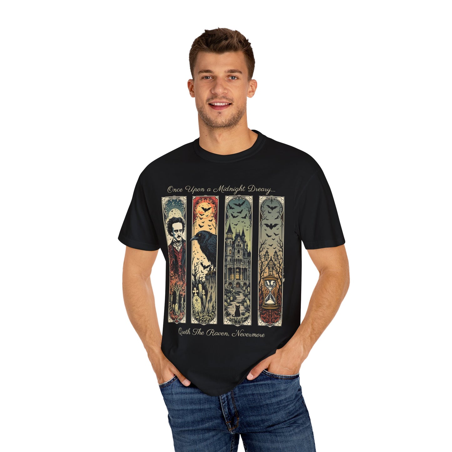 Edgar Allan Poe T-Shirt Gothic Graphic Tee The Raven Nevermore Quote Horror Literature Shirt Dark Academia Aesthetic Halloween Party Gift