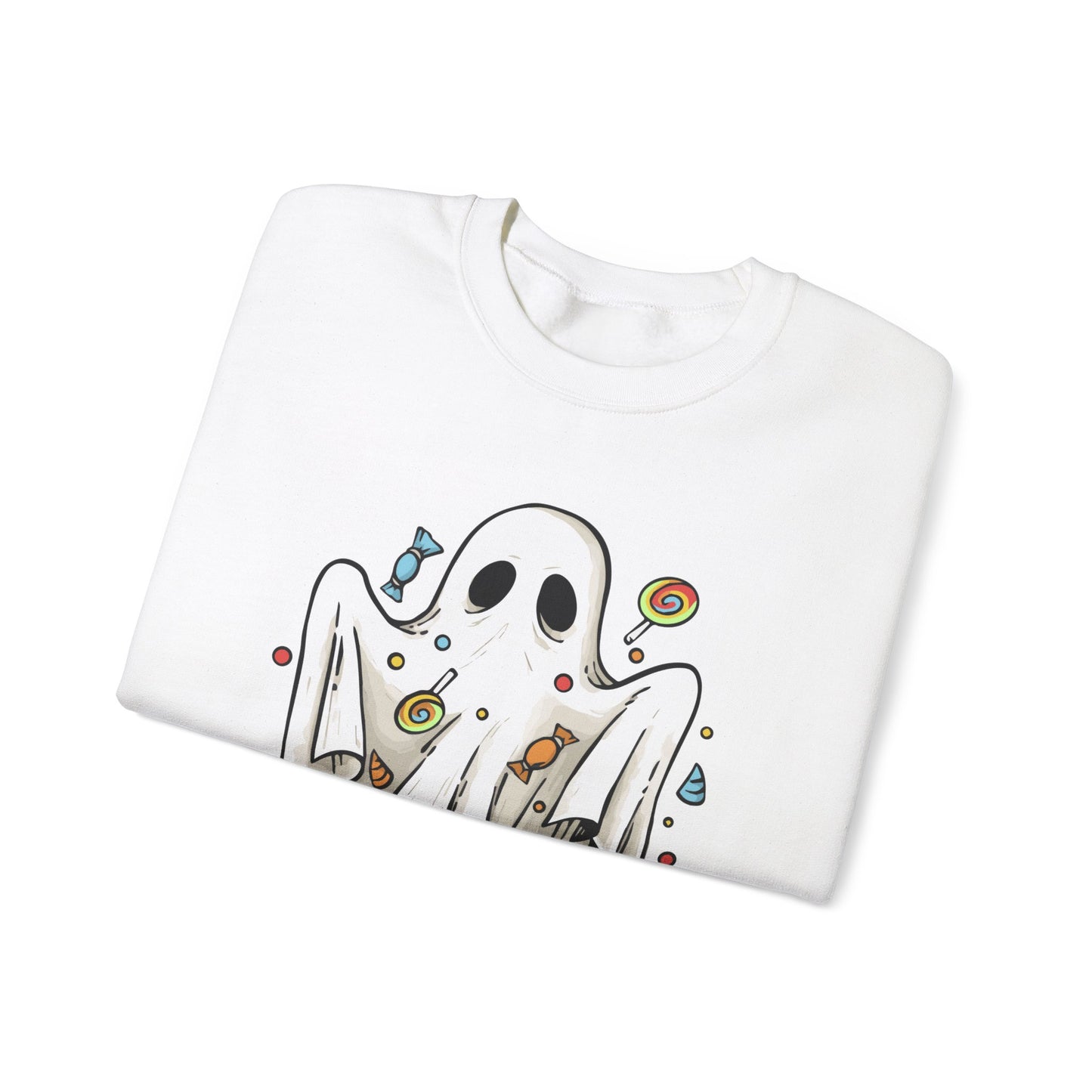 Cute Halloween Ghost Floating, Covered in Candy Sweatshirt, Trick or Treat Shirt, Spooky Ghost Season, Fun Halloween Party, Festival Sweater Sweatshirt Printify