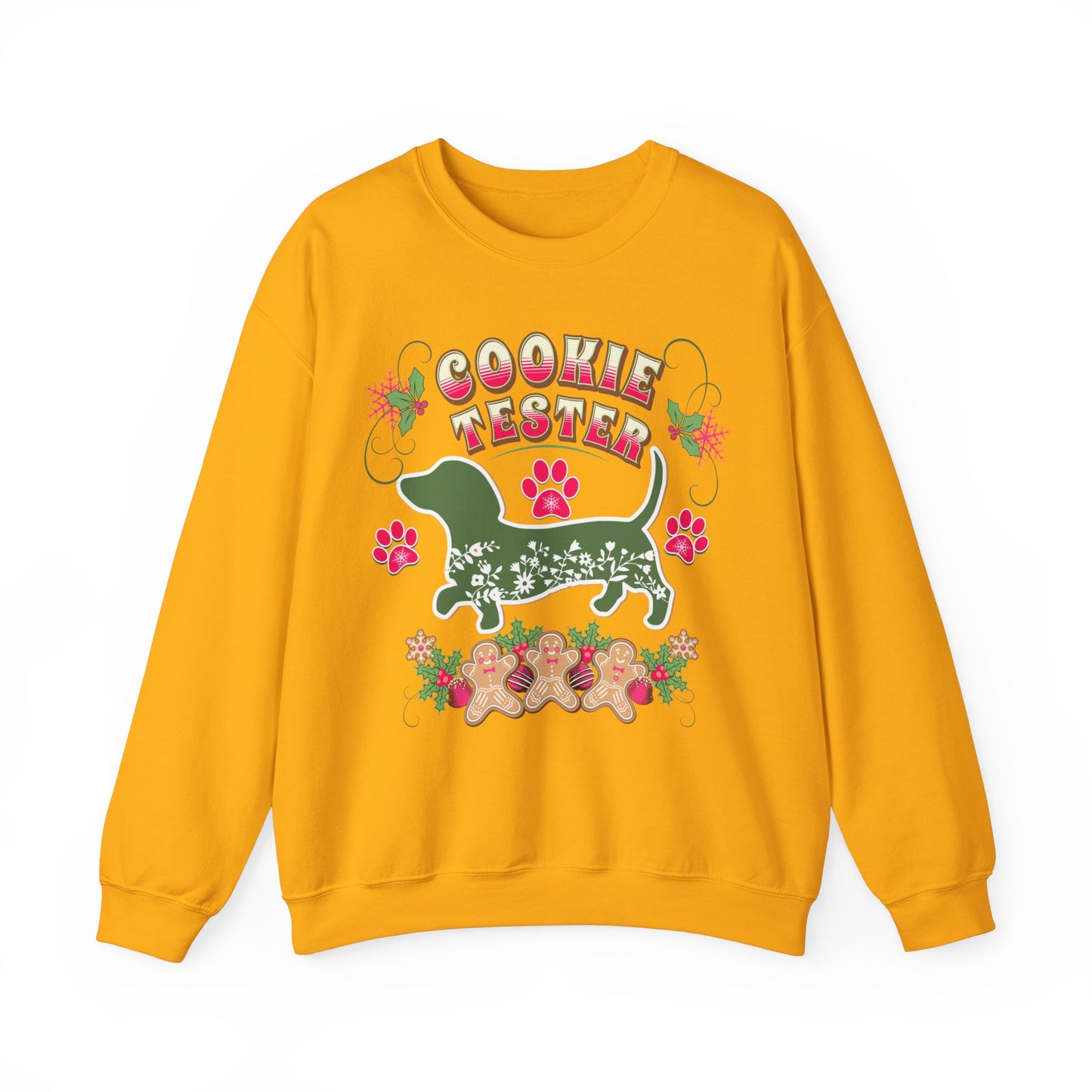 Christmas Dachshund Lover Baking Sweatshirt, Doxie Cookie Tester XMas T-Shirt, Dog Lover Shirt, Matching Family Christmas Cookie Baking Gift Sweatshirt Printify S Gold