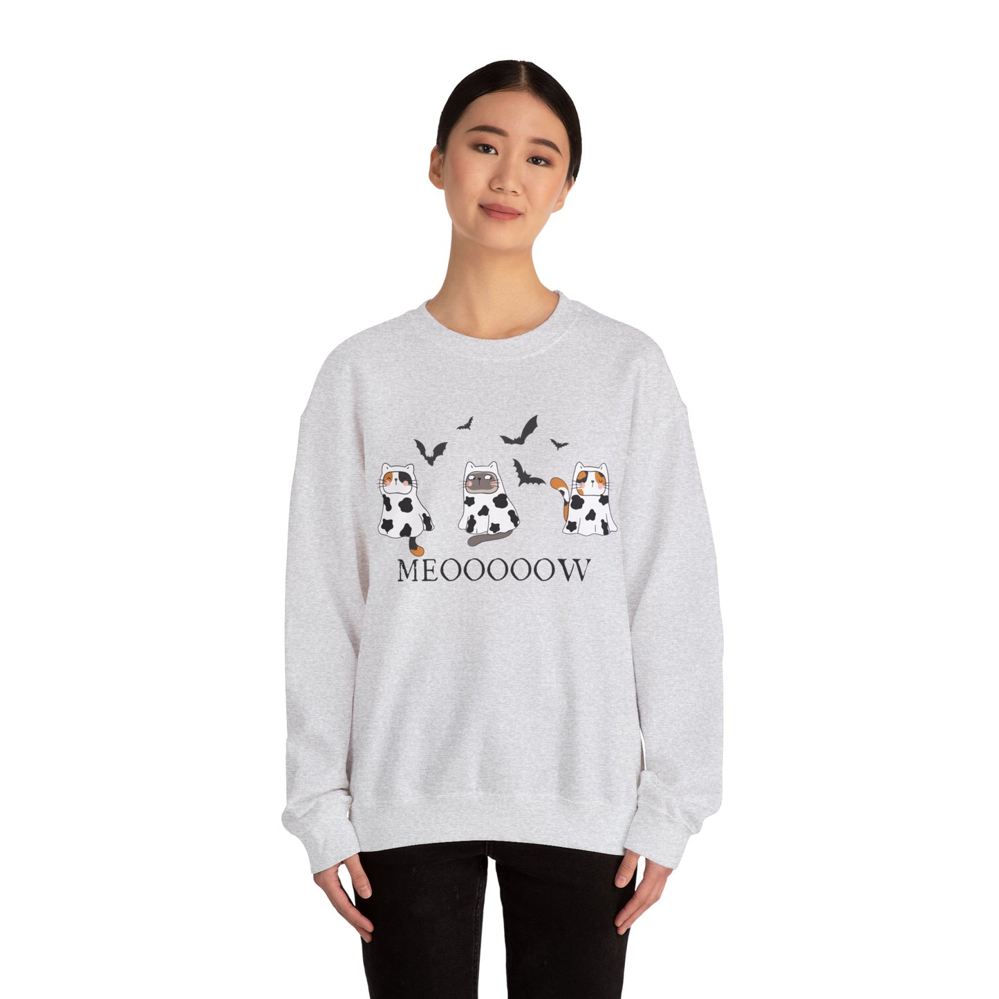 Cute Halloween Cow Ghost Cats Sweatshirt, Cats in Cow Ghost Costumes, Spooky Season Sweater, Halloween Party Shirt, Cat Lover Gift Sweatshirt Printify