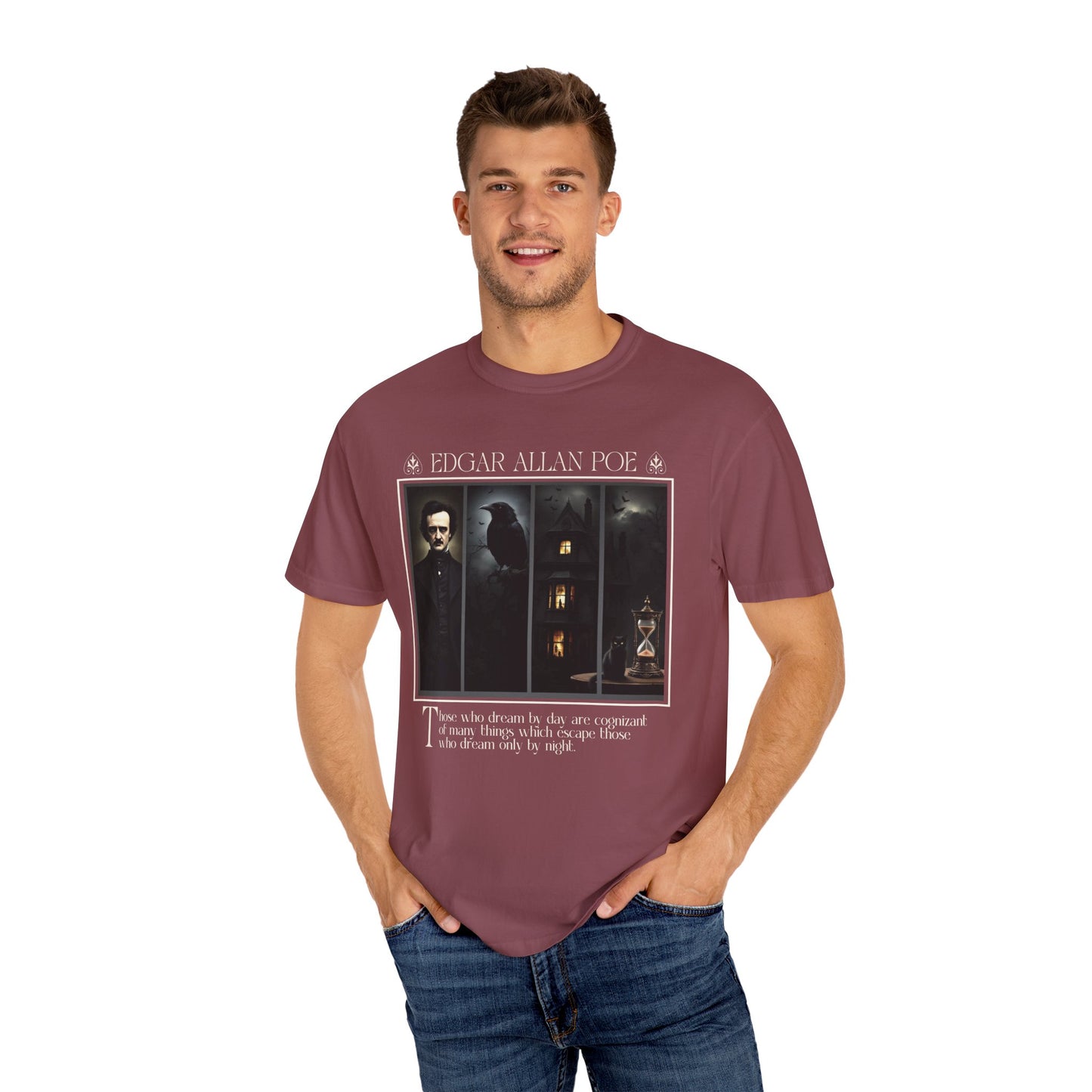 Edgar Allan Poe T-Shirt Gothic Graphic Tee The Raven Nevermore Quote Horror Literature Shirt Dark Academia Aesthetic Halloween Party Gift