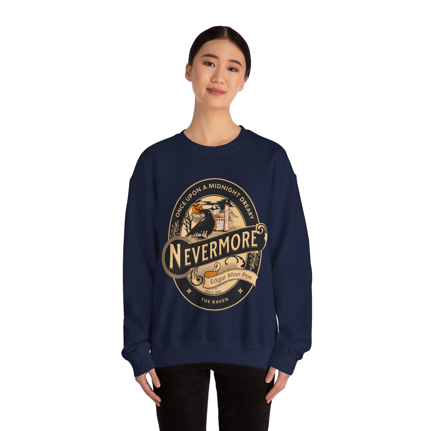 Edgar Allan Poe, Sleeve Print Nevermore The Raven Sweatshirt, Book Lover, Halloween, Haunting Gothic Gift, Light, Dark Academia, Horror Movie Sweater Sweatshirt Printify