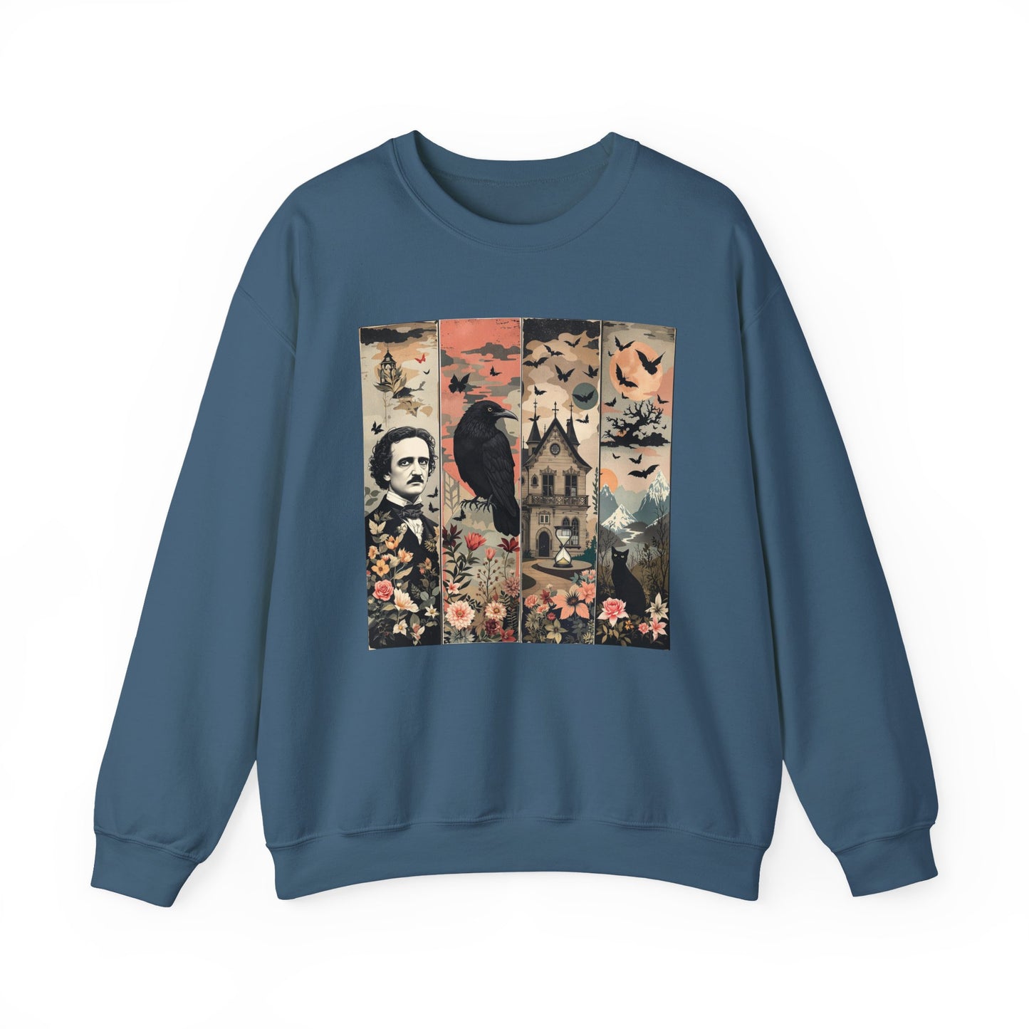 Edgar Allan Poe Sweatshirt The Raven Nevermore Gothic Horror Sweater Dark Academia Macabre Halloween Gift for Book Lovers Birthday Christmas Sweatshirt Printify Indigo Blue S