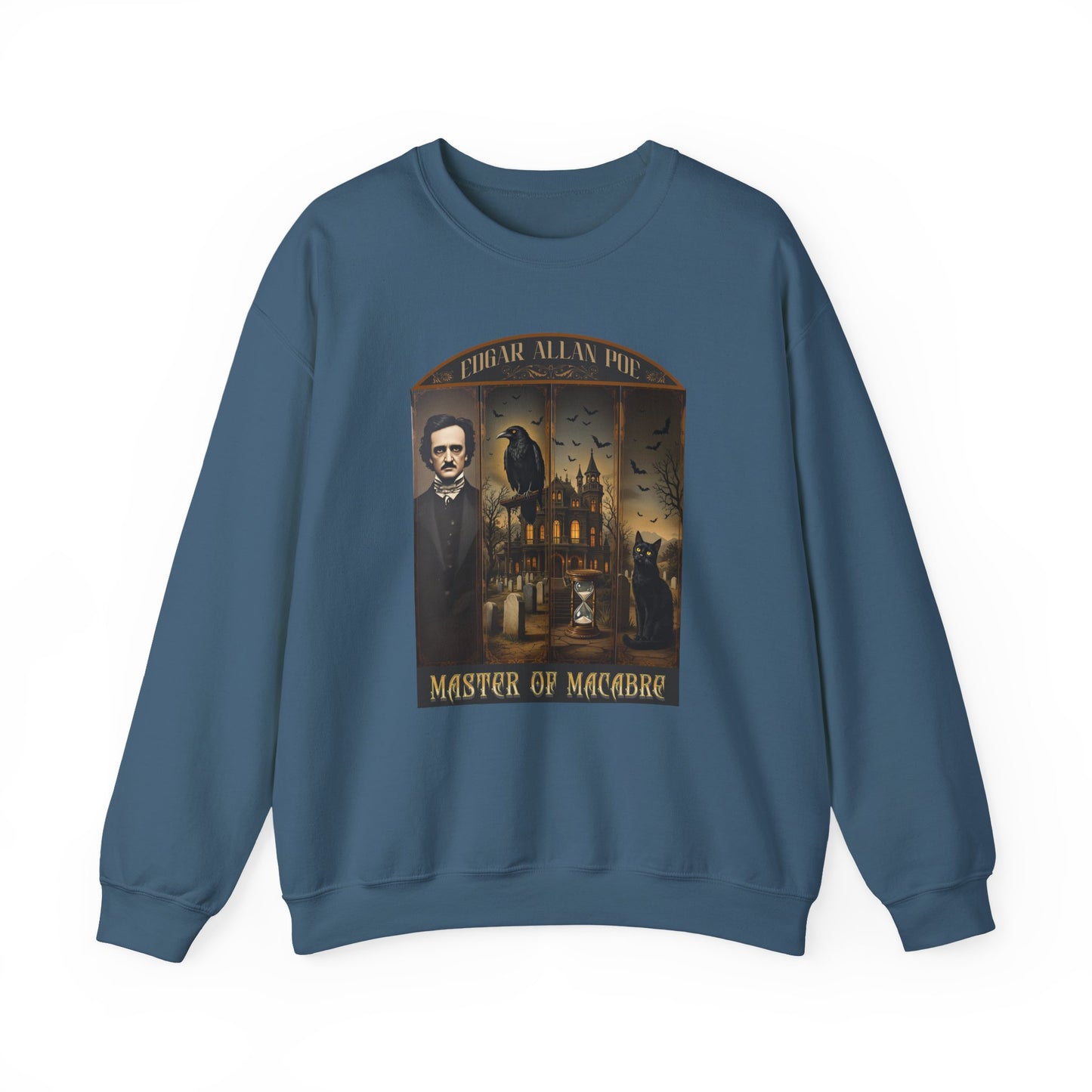 Edgar Allan Poe Sweatshirt The Raven Nevermore Gothic Horror Sweater Dark Academia Macabre Halloween Gift for Book Lovers Birthday Christmas Sweatshirt Printify Indigo Blue S