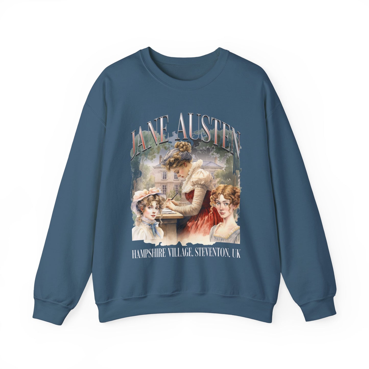 Retro Jane Austen Unisex Heavy Blend™ Crewneck Sweatshirt Sweatshirt Printify S Indigo Blue