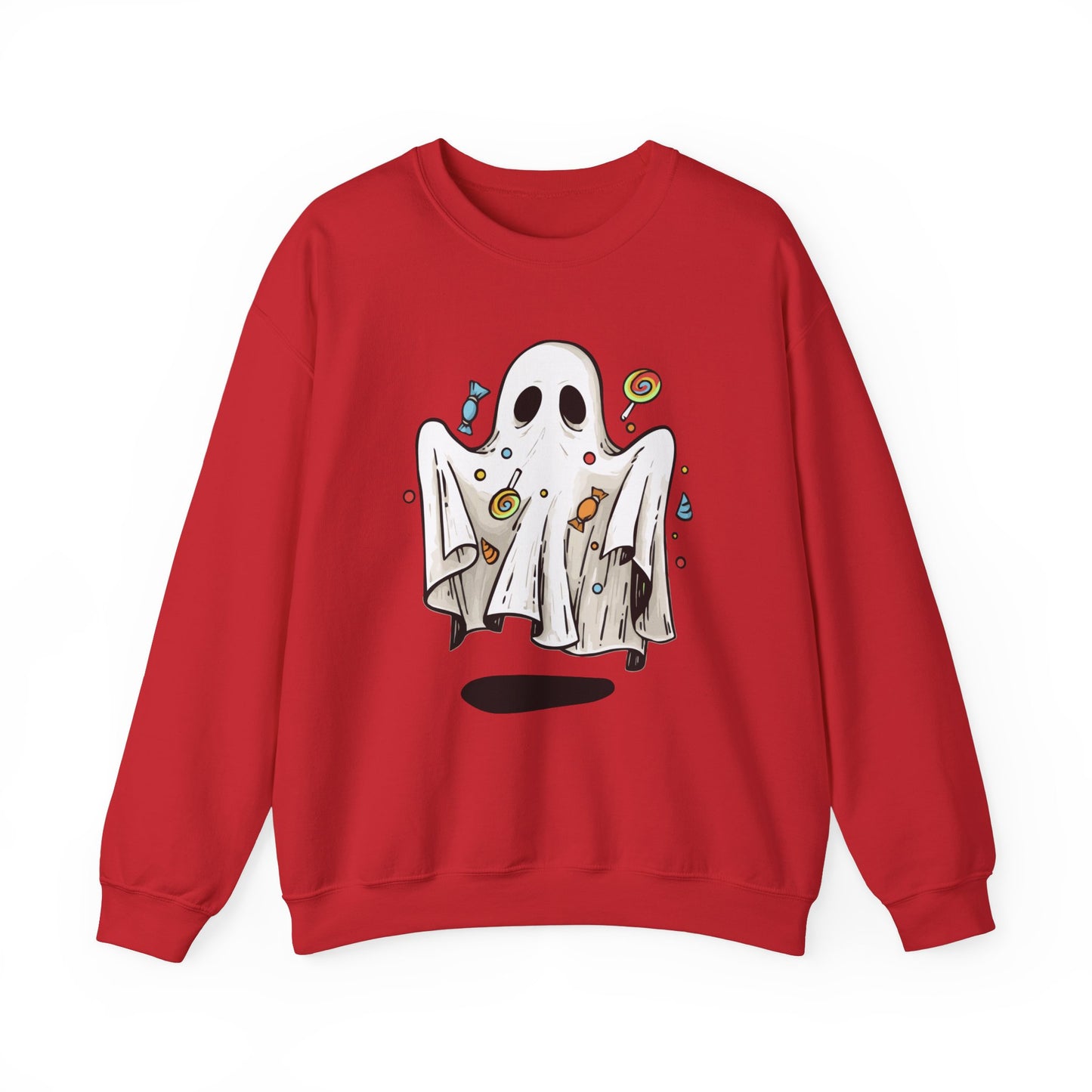 Cute Halloween Ghost Floating, Covered in Candy Sweatshirt, Trick or Treat Shirt, Spooky Ghost Season, Fun Halloween Party, Festival Sweater Sweatshirt Printify S Red