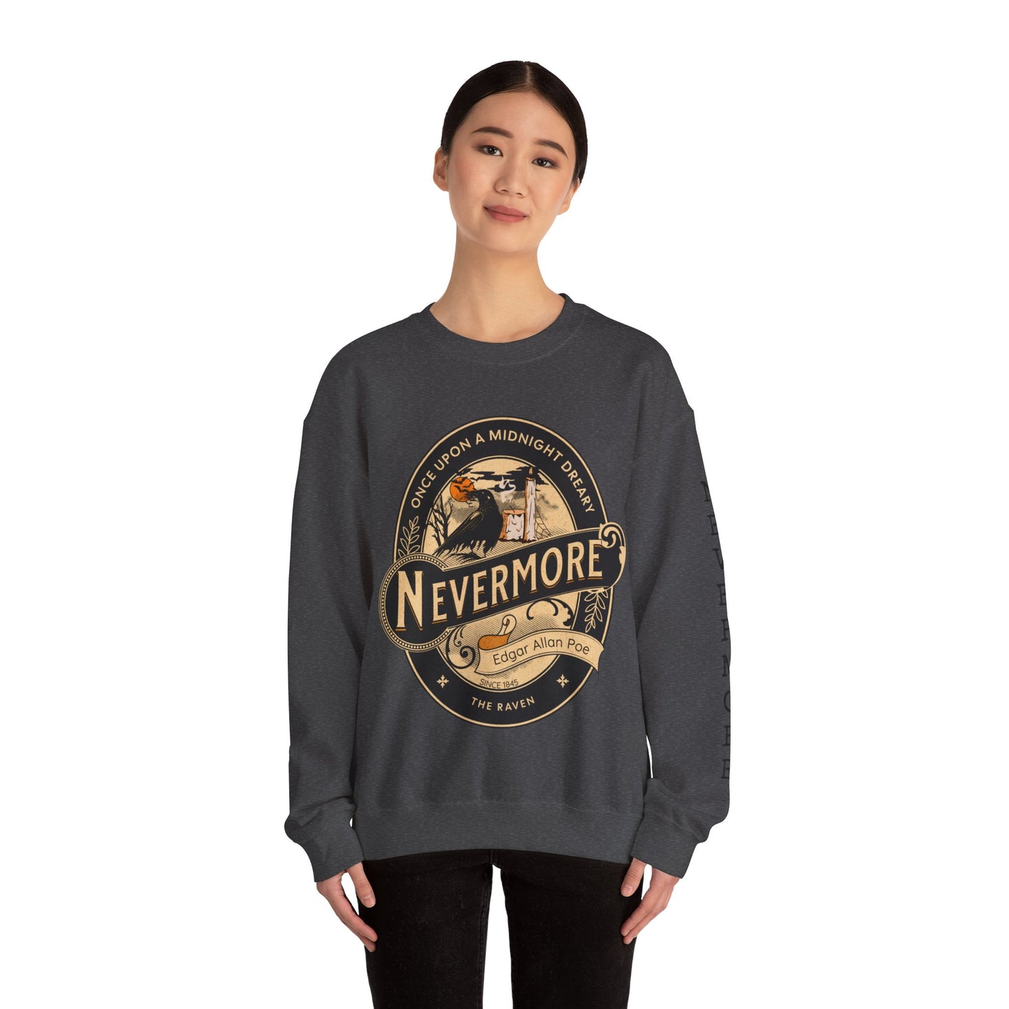 Edgar Allan Poe, Sleeve Print Nevermore The Raven Sweatshirt, Book Lover, Halloween, Haunting Gothic Gift, Light, Dark Academia, Horror Movie Sweater Sweatshirt Printify