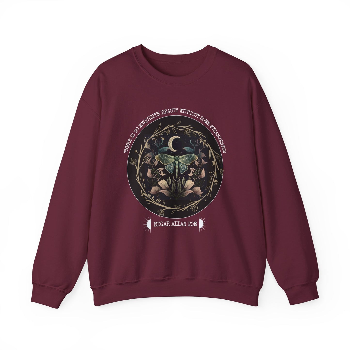 Edgar Allan Poe, Fairycore Night Garden Sweatshirt, Book Lover, Haunting Gothic Botanical Gift, Light, Dark Academia, Literature Sweater Sweatshirt Printify S Maroon