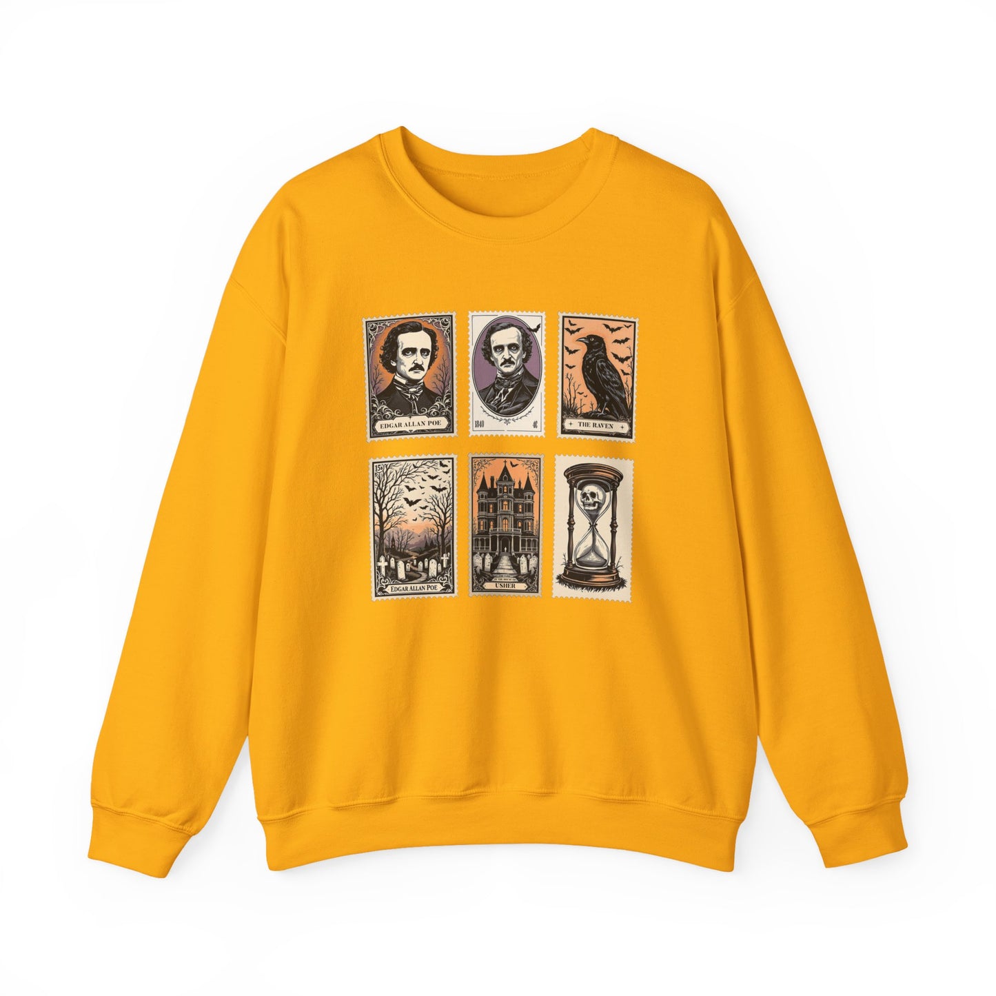 Edgar Allan Poe Sweatshirt The Raven Nevermore Gothic Horror Sweater Dark Academia Macabre Halloween Gift for Book Lovers Birthday Christmas Sweatshirt Printify Gold S